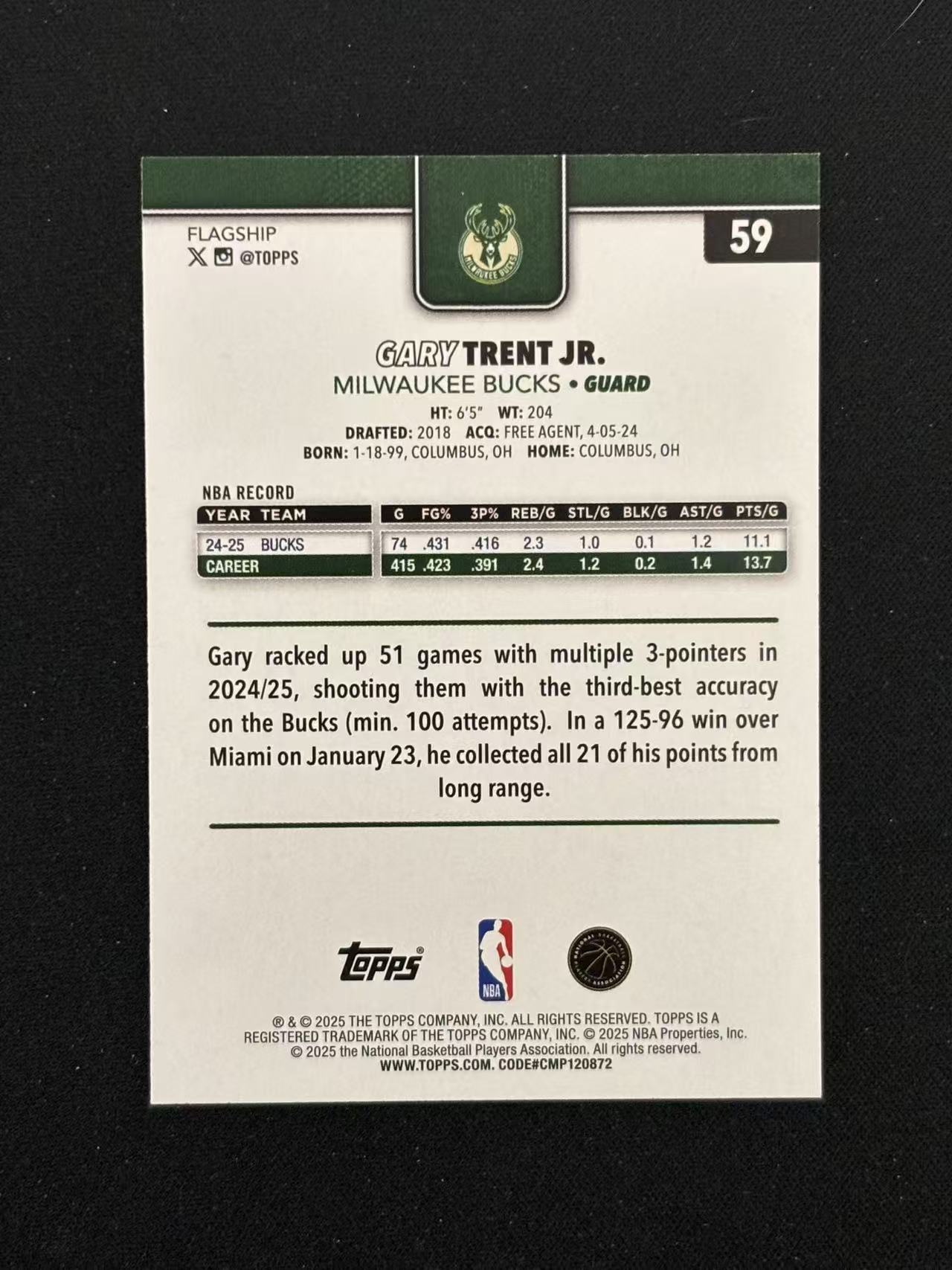 2025 Topps flagship Gary Trent Jr. 小加里 特伦特 黑折 /68编 - Yin