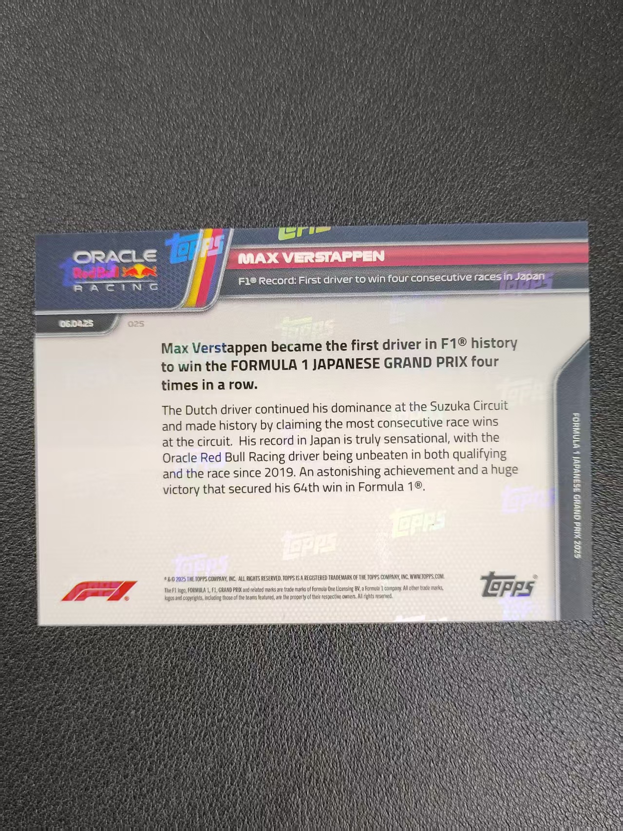 2025 Topps Now F1 Max Verstappen 维斯塔潘 红牛 白潘 白牛 卡品如图 出价前请仔细阅读描述 YPL 1