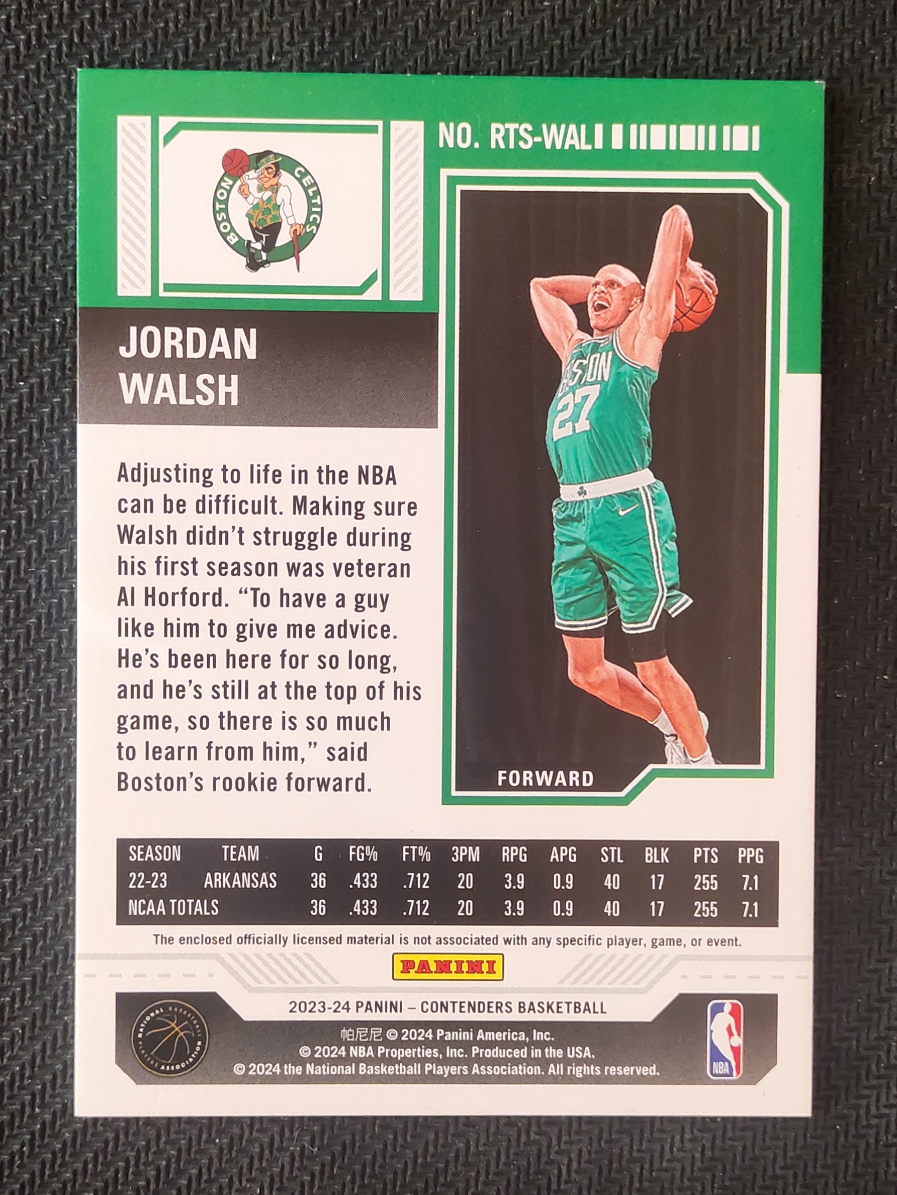 2023-24 Panini Contenders Jordan Walsh RC 乔丹 沃尔什 凯尔特人 新秀 球票 小窗 球衣 物料 切割 瑕疵如图