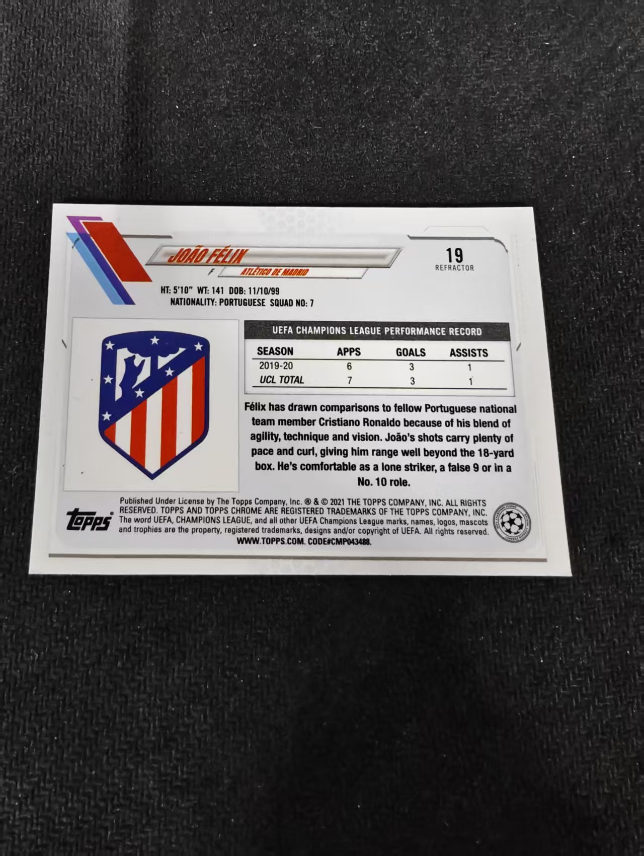 【可合并,不累计】2021 Topps Chrome Joao Felix 欧冠 马竞 菲利克斯 银折 划痕 边角瑕疵 #19