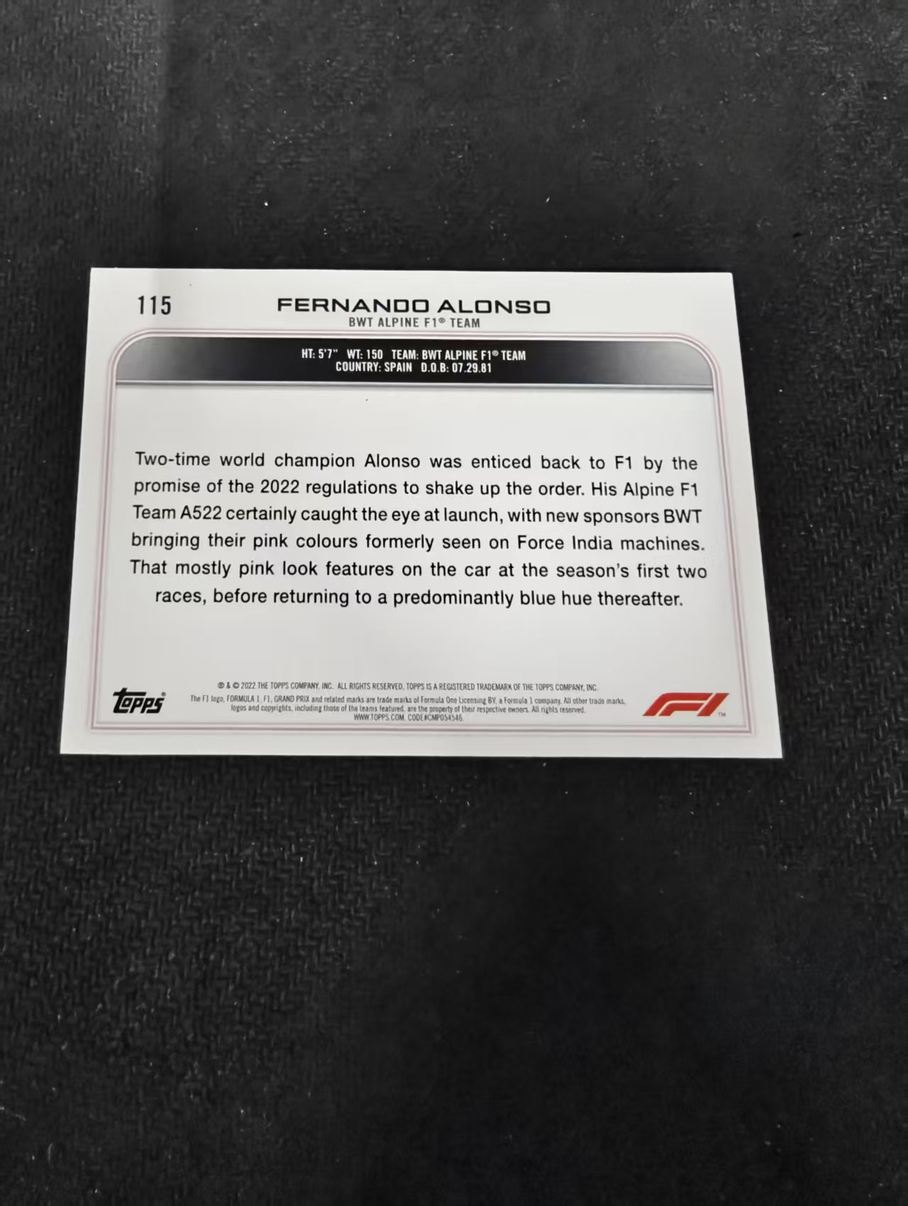 2022 Topps F1 Chrome Fernando Alonso 阿隆索 头哥 阿斯顿马丁 划痕 边角瑕疵 @115