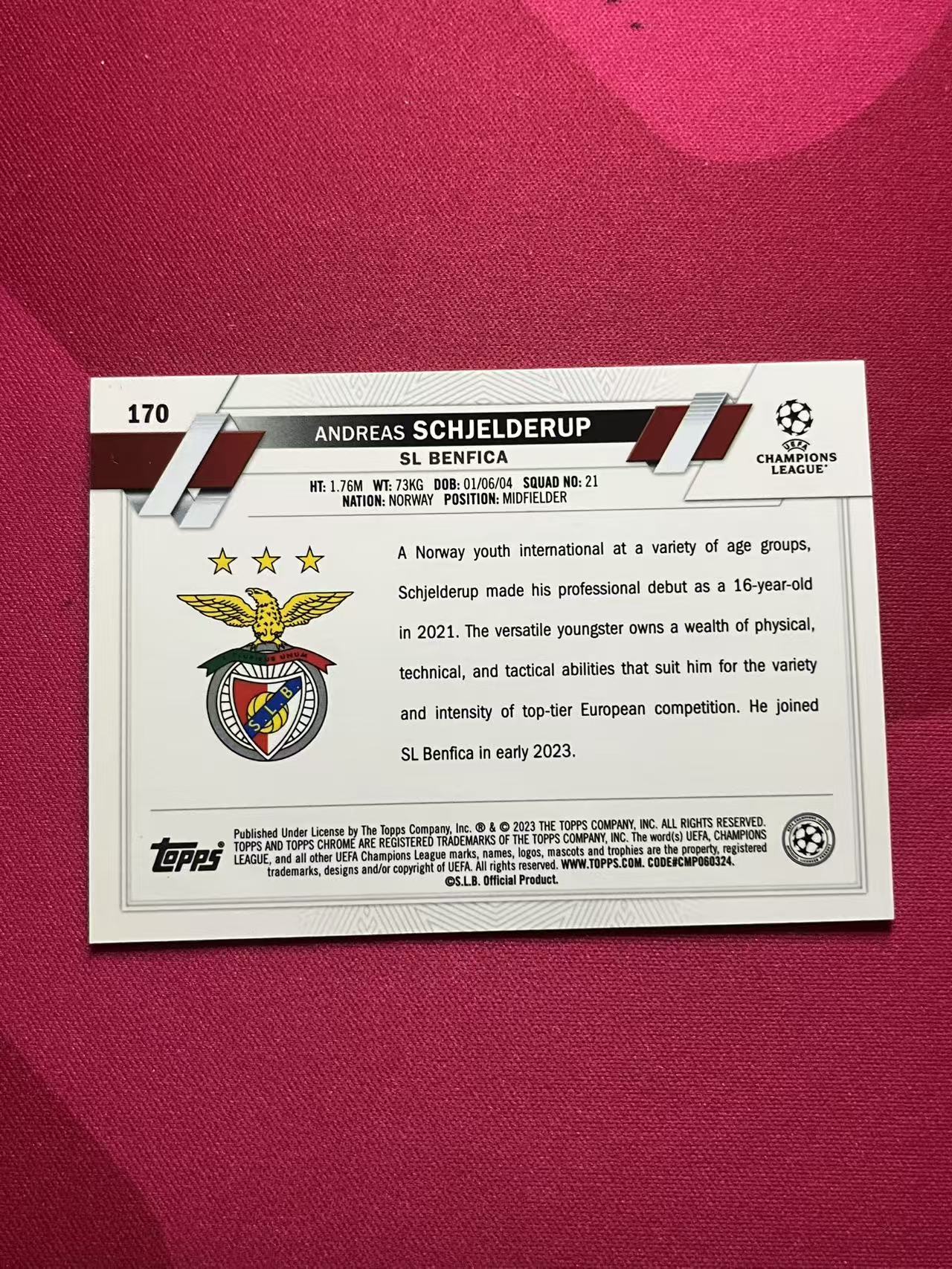 2023 Topps Chrome Andreas Schjelderup #170 安德烈亚斯 谢尔德鲁普 RC 豪门猎物 欧冠 折射 蓝宝石 蓝碎冰折 A879