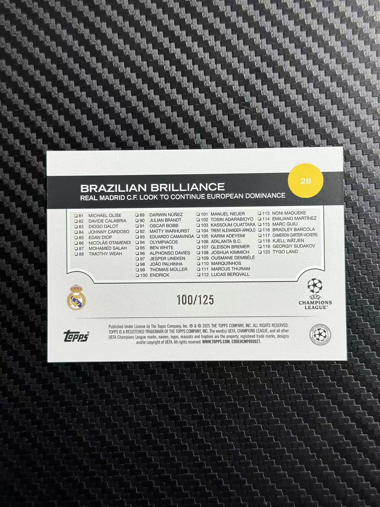 2025 Topps ucc Vinicius Junior 欧冠 皇马 双人庆祝特卡 维尼修斯 罗德里戈 100/125编 蓝折 巴西双星 卡品如图 拍前看描述