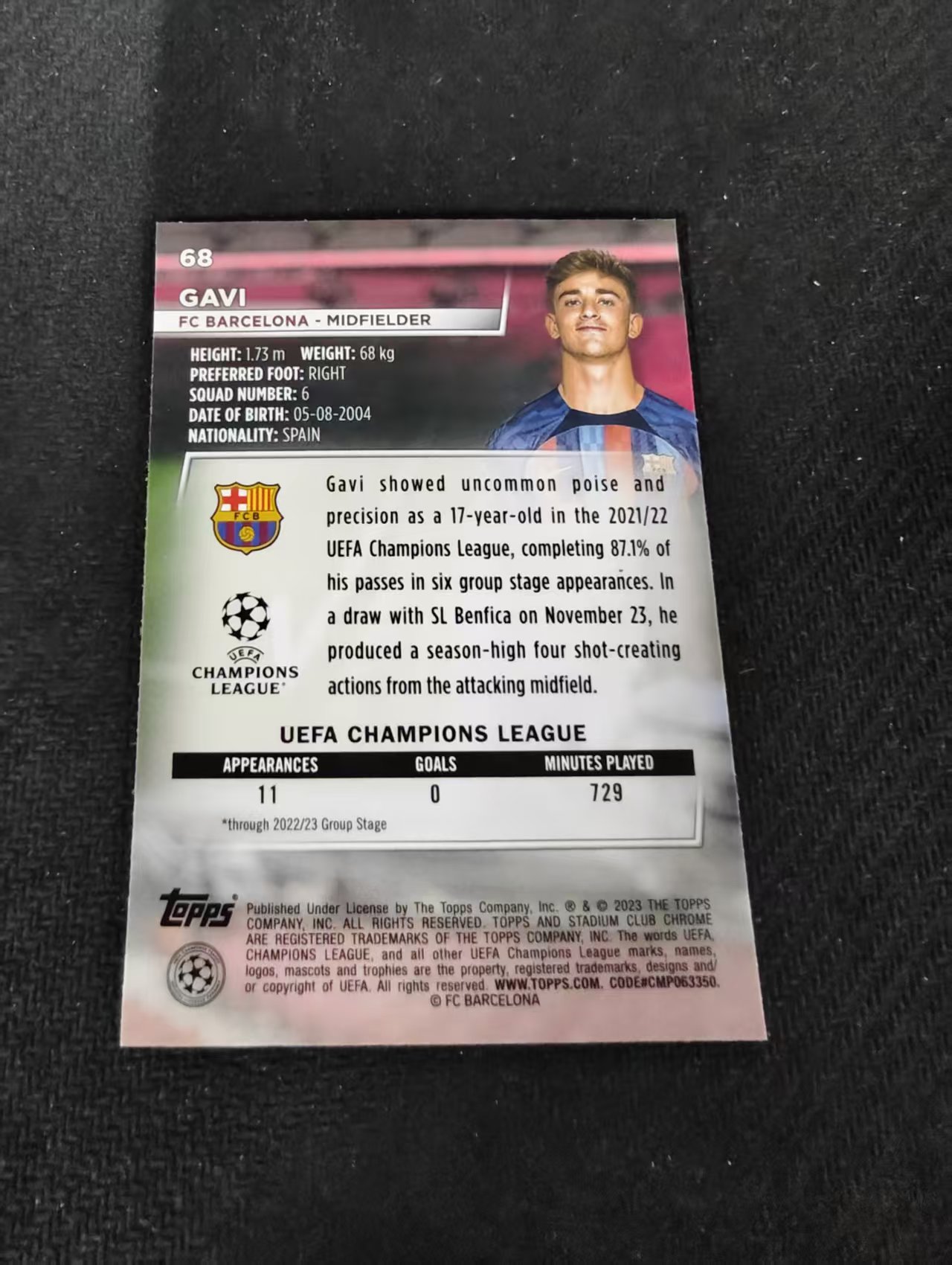 【可合并,不累计】2023 Topps Stadium Club Chrome Gavi 加维 巴塞罗那 巴萨 西班牙金童 欧冠 竞技场 不保卡品 介意勿拍 #68