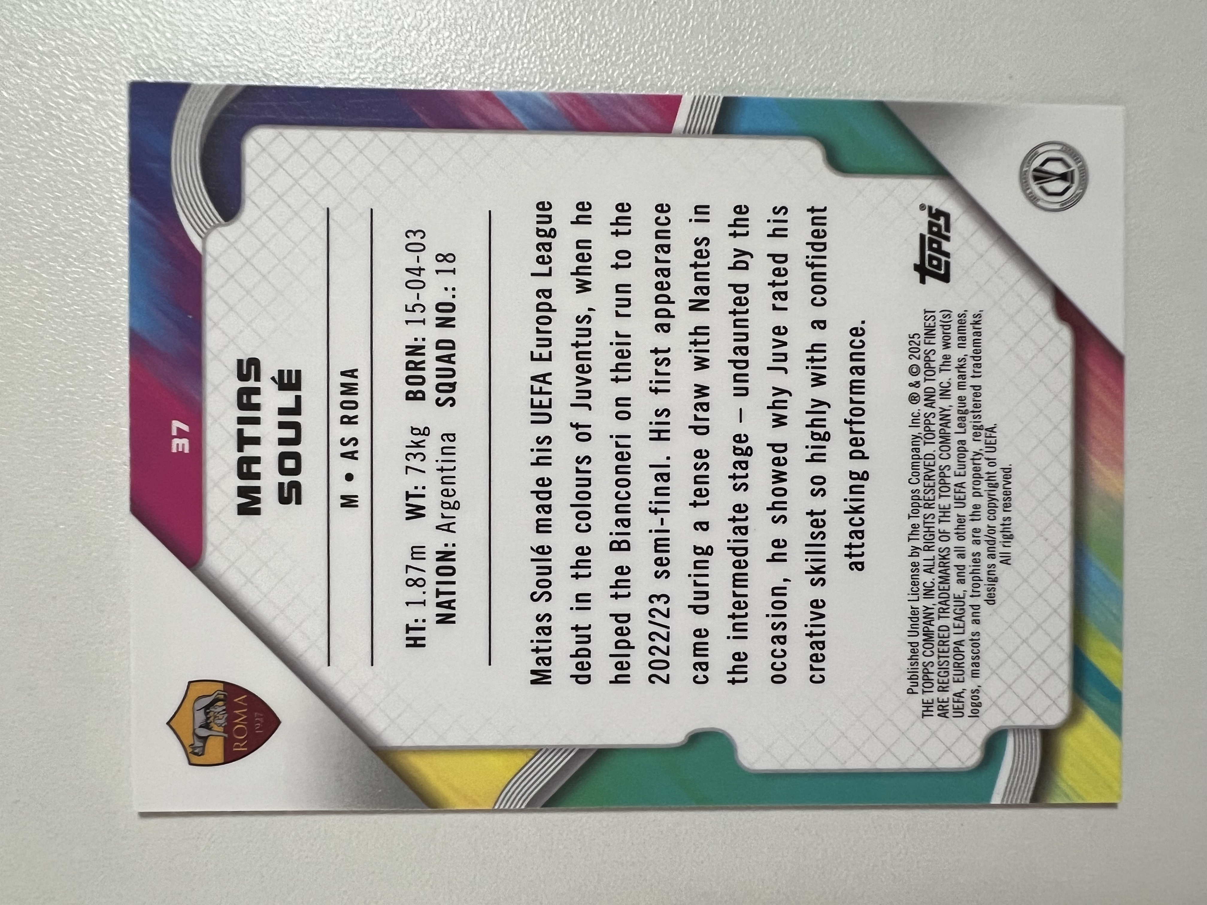 2025 Topps Finest Matias Soule 043/250编 马蒂亚斯苏勒 罗马 欧战 HH02 收藏凑套 卡品如图