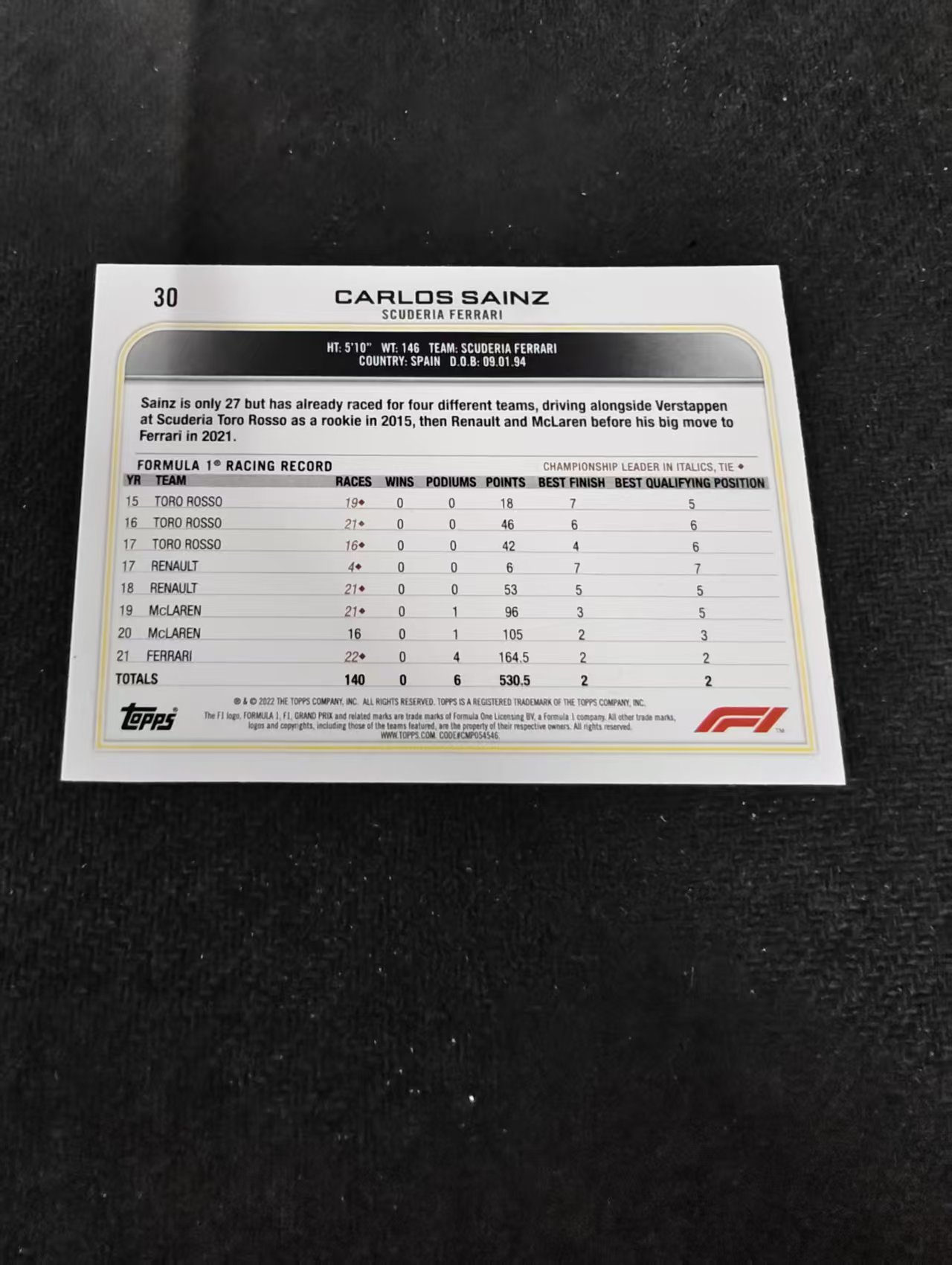2022 Topps Chrome F1 Carlos Sainz 卡洛斯 塞恩斯 法拉利 黑白棋盘 划痕 边角瑕疵 @30