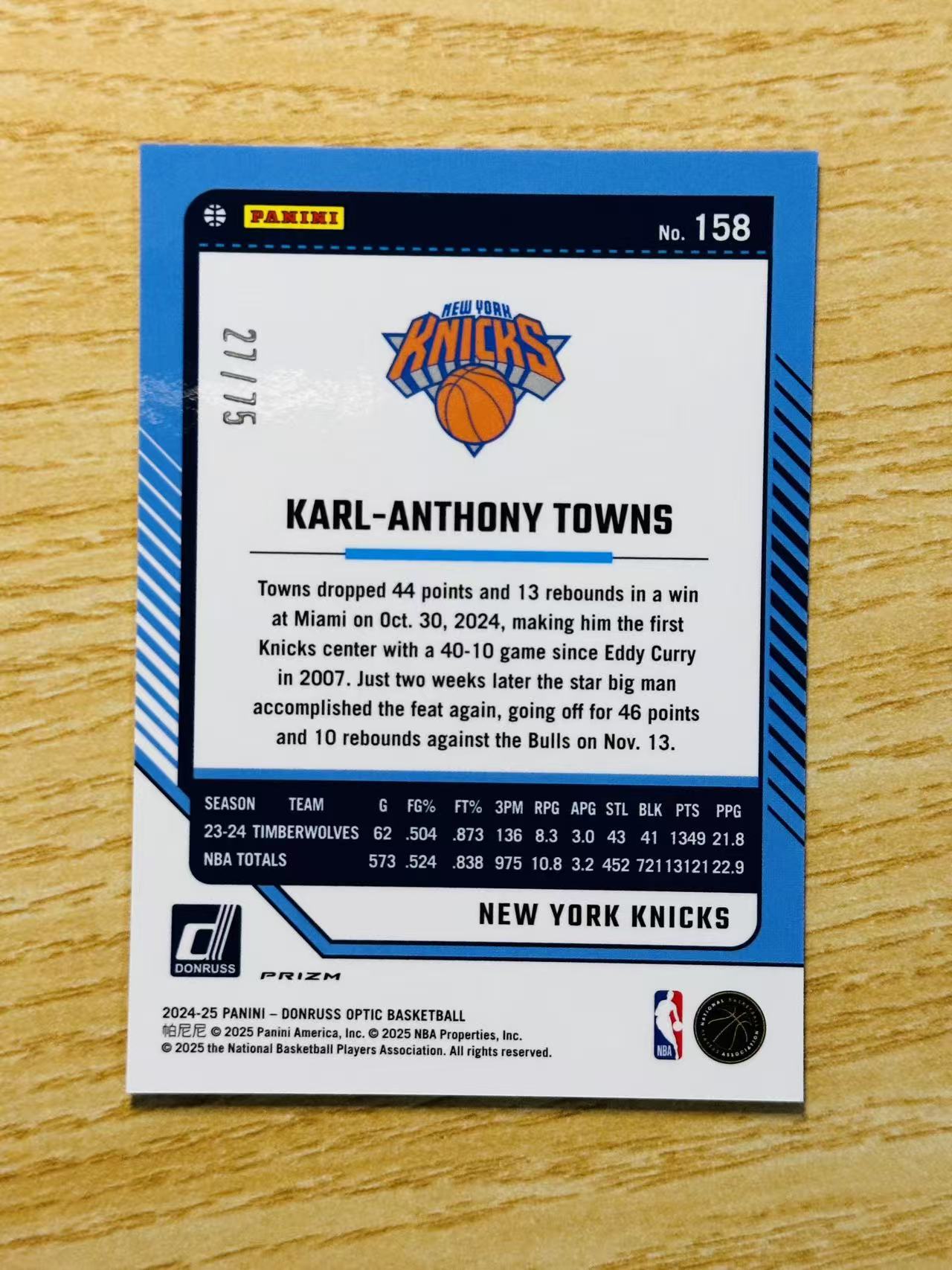2024-25 Panini Donruss Karl Anthony Towns 嘿嘿代卖 杜蕾斯 optic 卡尔 安东尼 唐斯 黑金圈圈折 75编 森林狼 收藏必备
