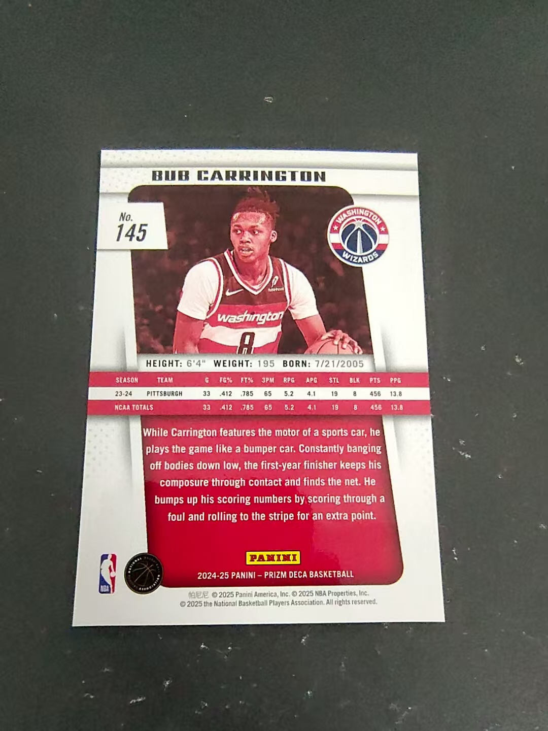 【可合并,不累计】2024-25 Panini Prizm Deca Bub Carrington RC 奇才 新秀 鲍勃 卡尔顿 卡林顿 PZ 复刻 划痕 边角瑕疵 #145