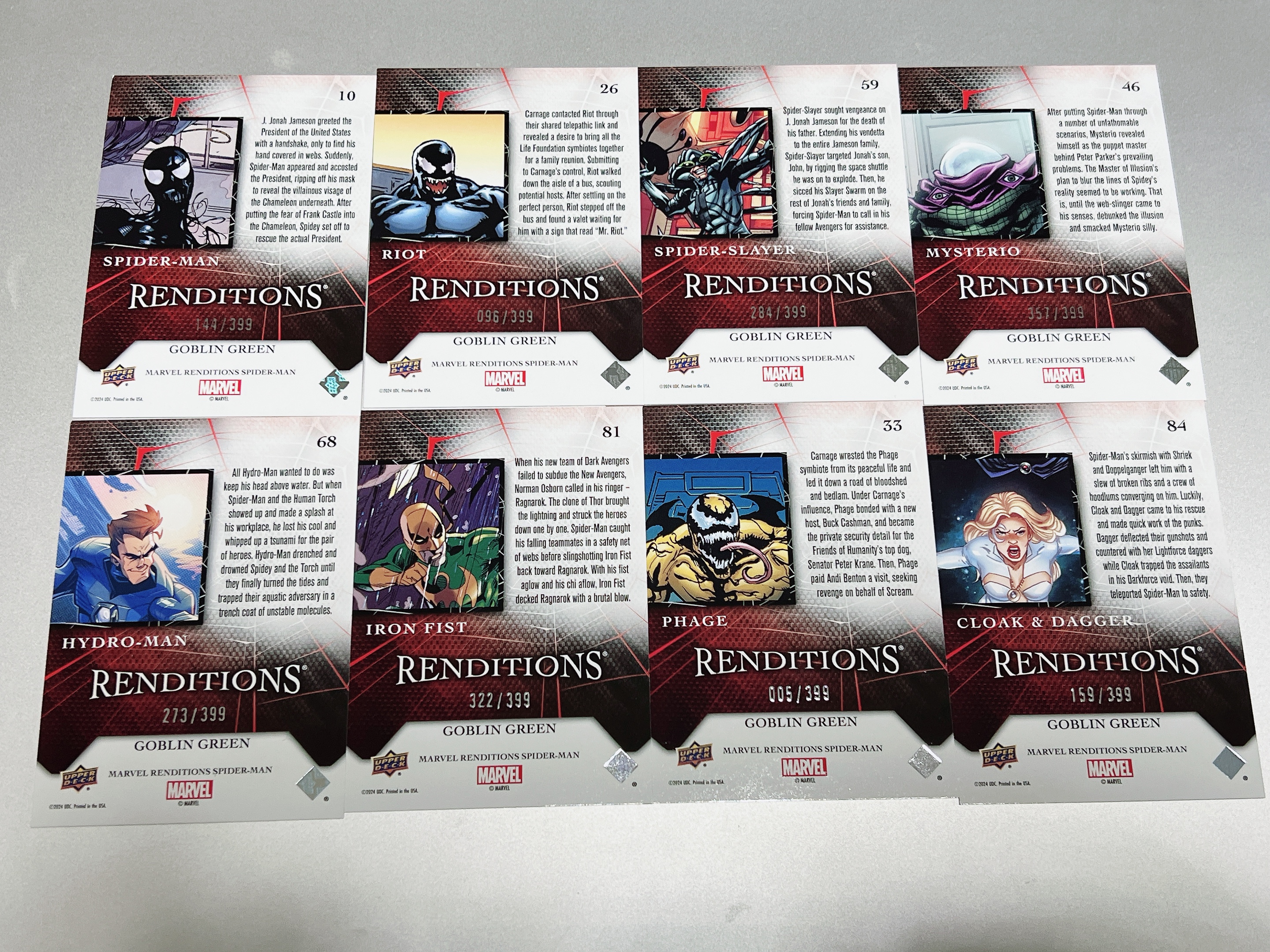 2024 Upper Deck Marvel (MCU) renditions 漫威 蜘蛛侠 演绎 黑皮蜘蛛侠 暴乱 蜘蛛侠杀手 神秘客 水人 铁拳 绿折 吞噬 斗篷与匕首/399 8张打包 品相如图