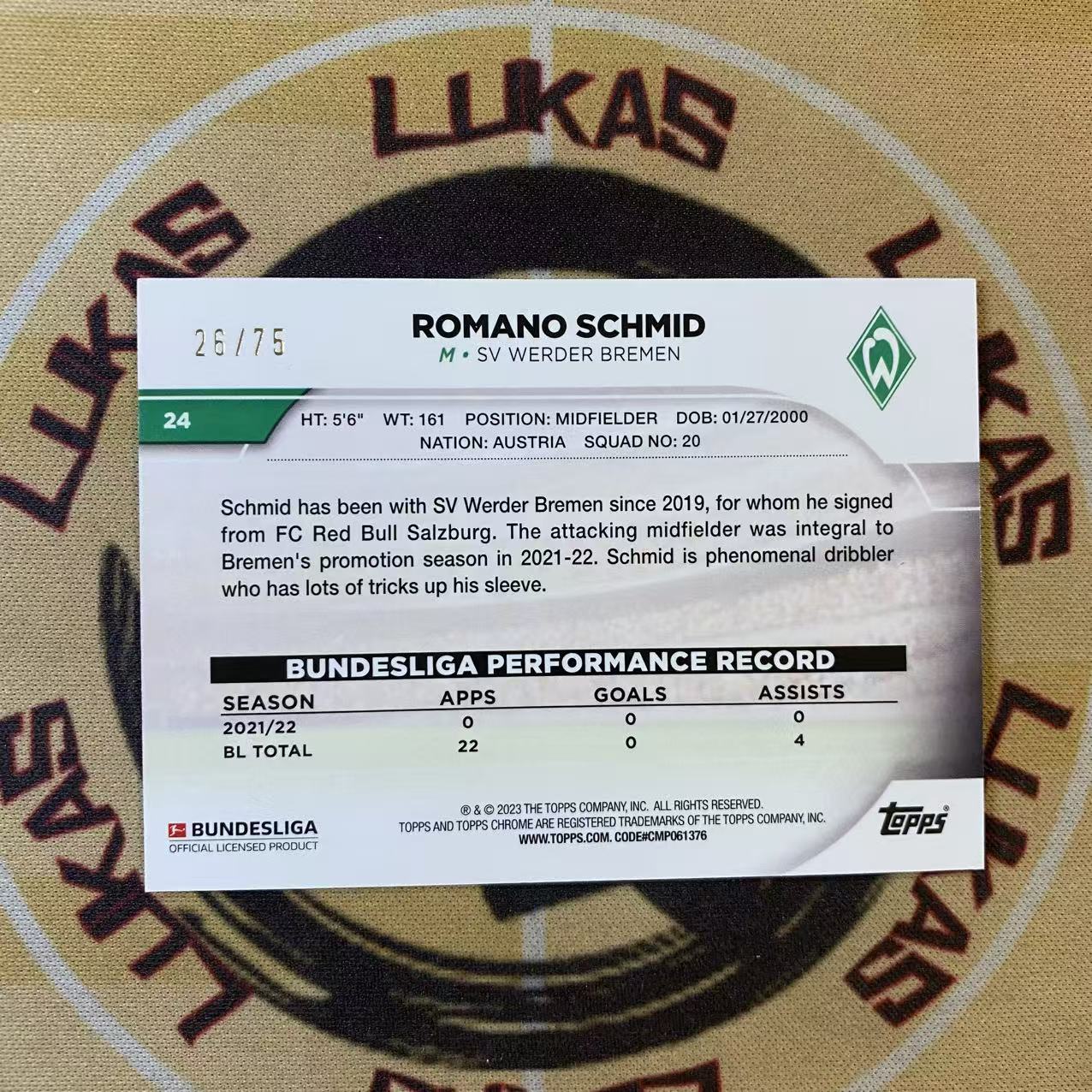 撸卡厮 Lukas 2023 topps 罗马诺 施密德 Romano Schmid 75编 紫折 新秀折(梁)