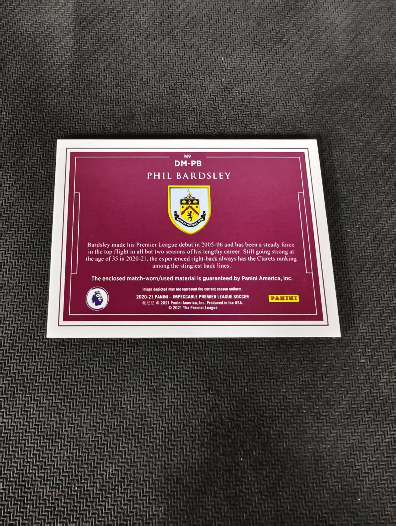 【可合并,不累计】2020-21 panini impeccable Phil Bardsley 小真金 英超 伯恩利 菲尔 巴德斯利 球衣 物料 双窗 25编