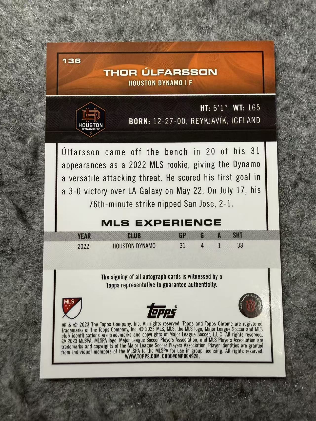 2023 Topps Chrome Thor Ulfarsson RC MLS 美职联 休斯顿迪纳摩 新秀 乌尔法松 23/25编 橙折 变化版 大比例 签字 收藏凑套必备