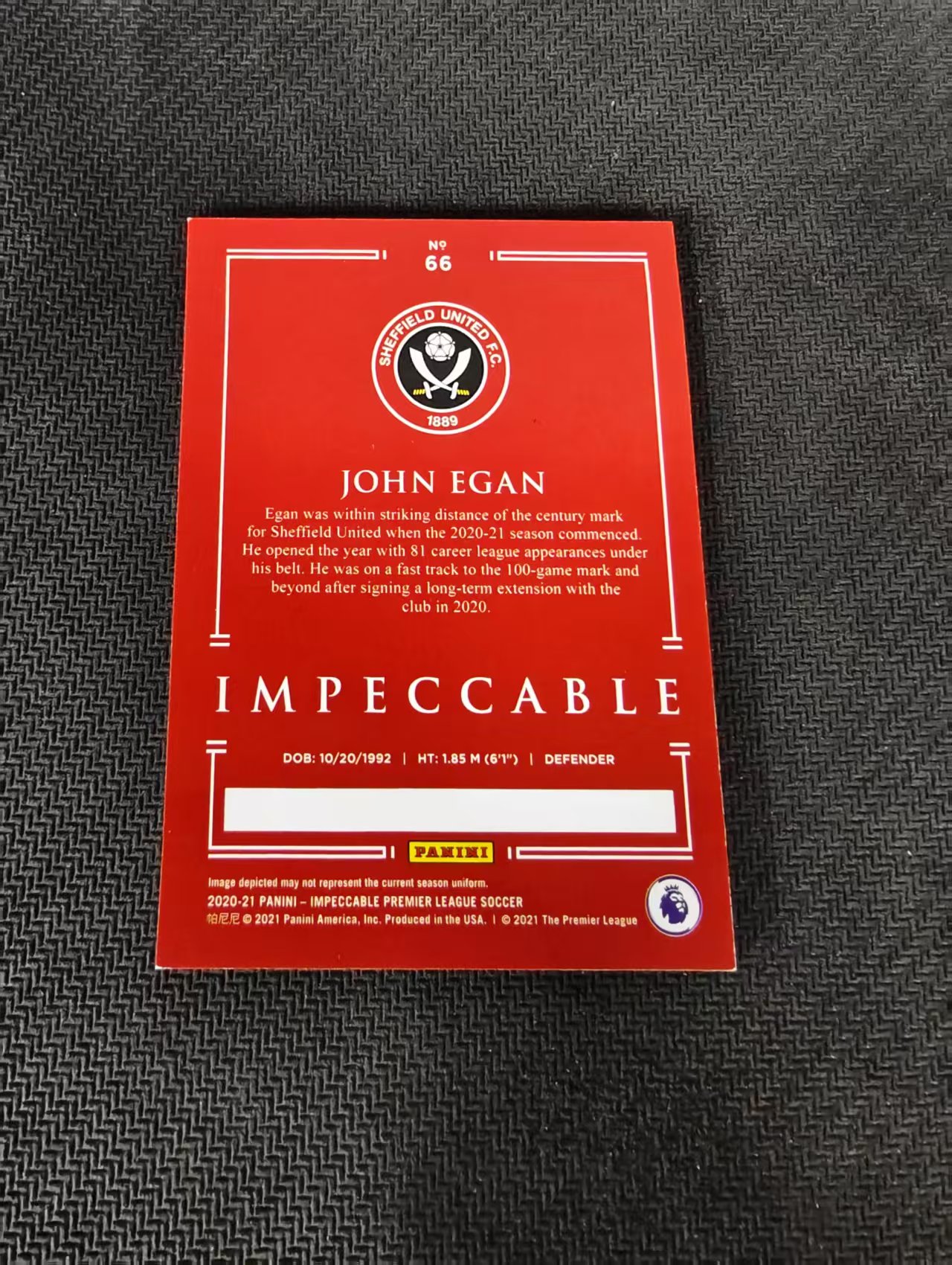 【可合并,不累计】2020-21 Panini Impeccable 小真金 John Egan 谢菲尔德联 约翰 伊根 75编 边角瑕疵
