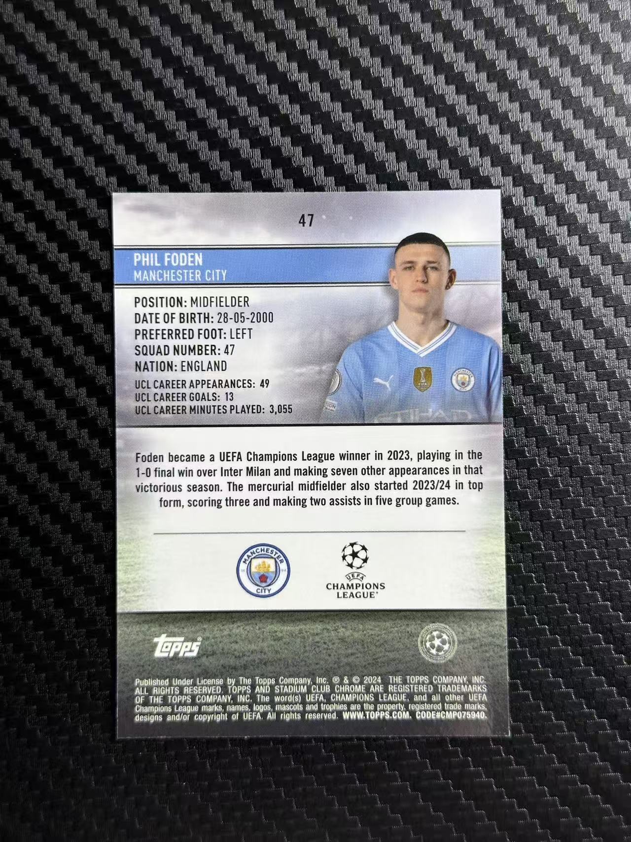 2024 Topps Stadium Club Chrome Phil Foden 欧冠 竞技场 菲尔 福登 英格兰 曼城 太子 057/299编 黑白棱镜折 卡品如图 拍前必看描述