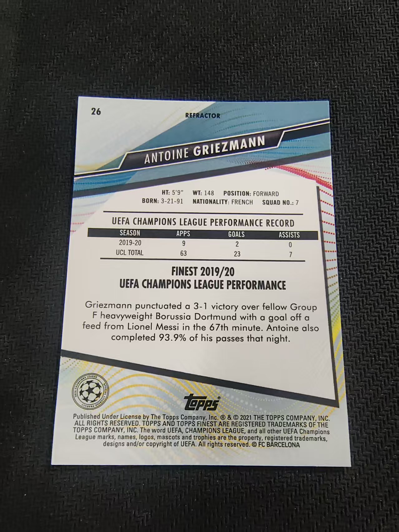 【可合并,不累计】2021 Topps Finest Antoine Griezmann 欧冠 格列兹曼 巴萨 巴塞罗那 银折 #26