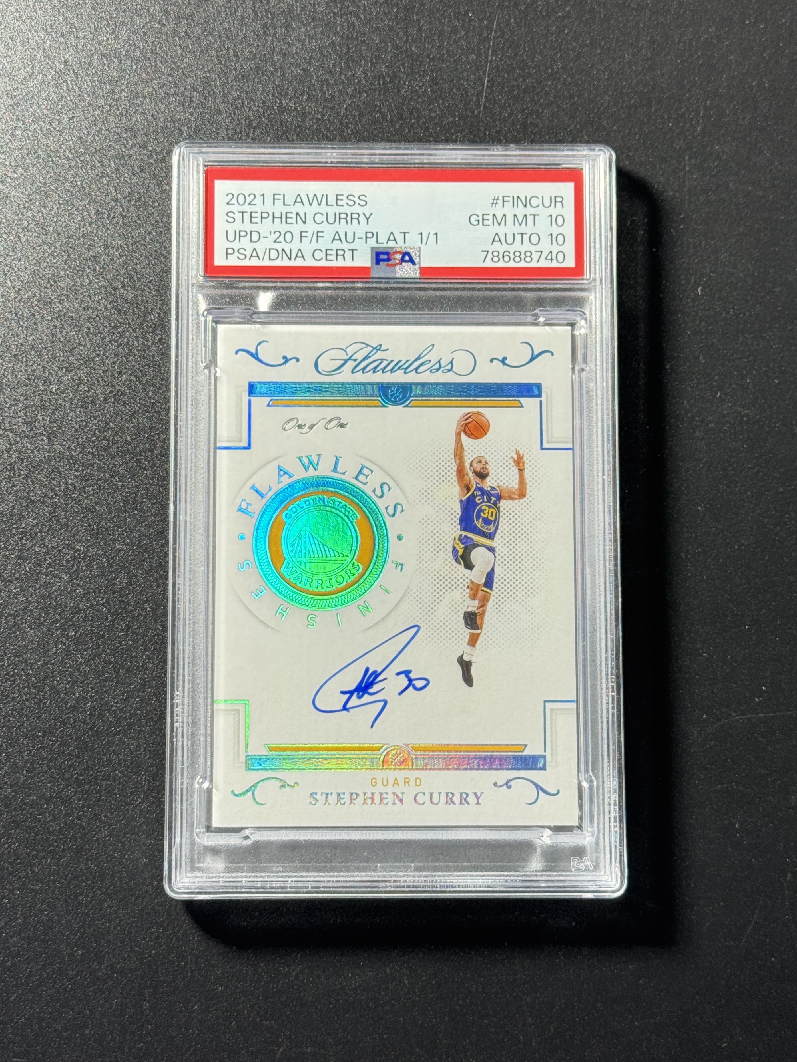 【喷子拍卖】2020-21 panini flawless Stephen Curry 手提 金州勇士 斯蒂芬 库里 绝杀 签字 一编 湖水蓝闪 卡签 1/1 1of1 finishes 大hit PSA双10分 完美品相 送订制壳 JYL