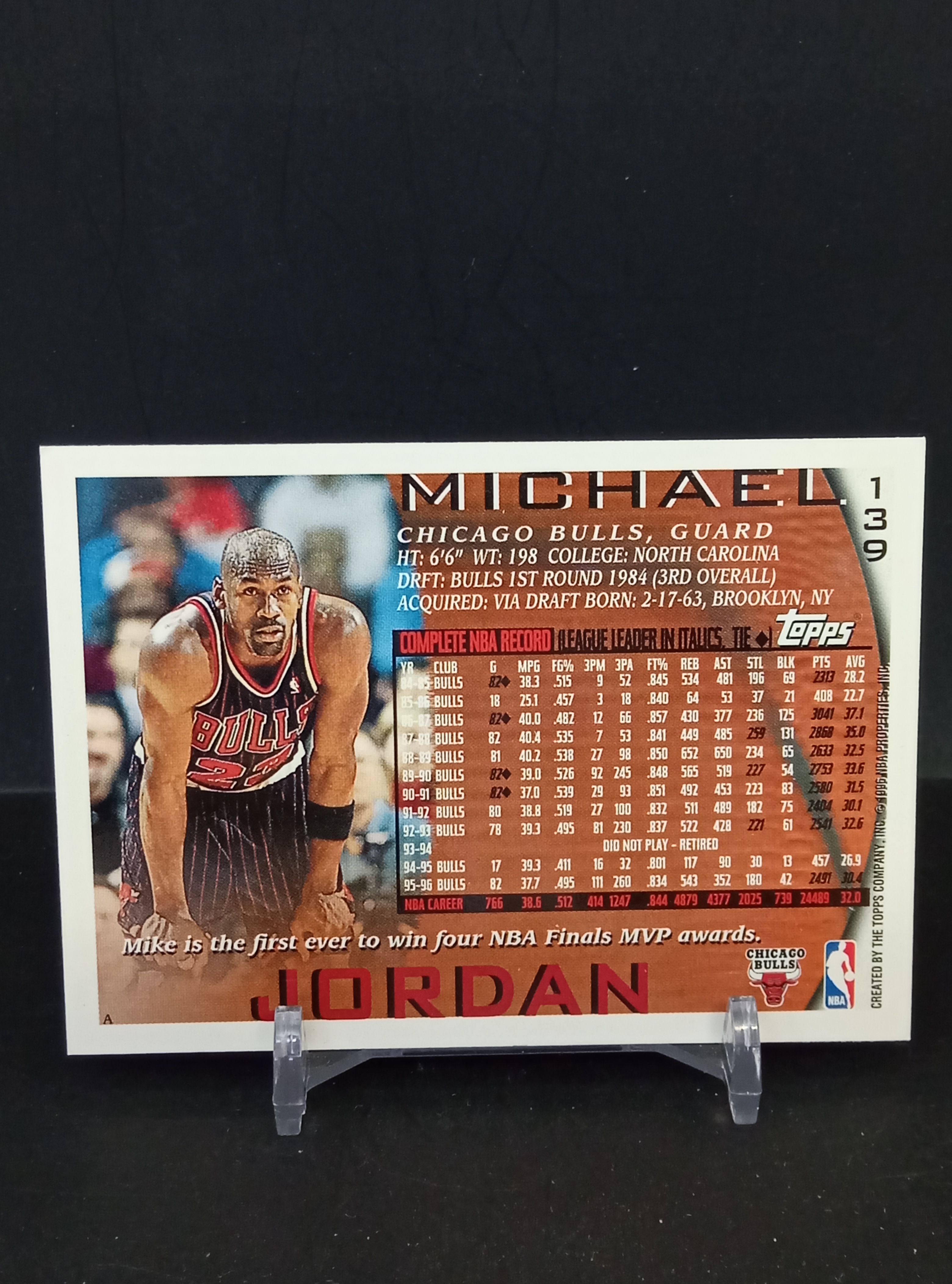 【DC拍卖】7.19 迈克尔乔丹 Michael Jordan Topps 经典 Base 老球星卡 公牛飞人正面实战图背面生涯数据卡 单张实拍 139 号