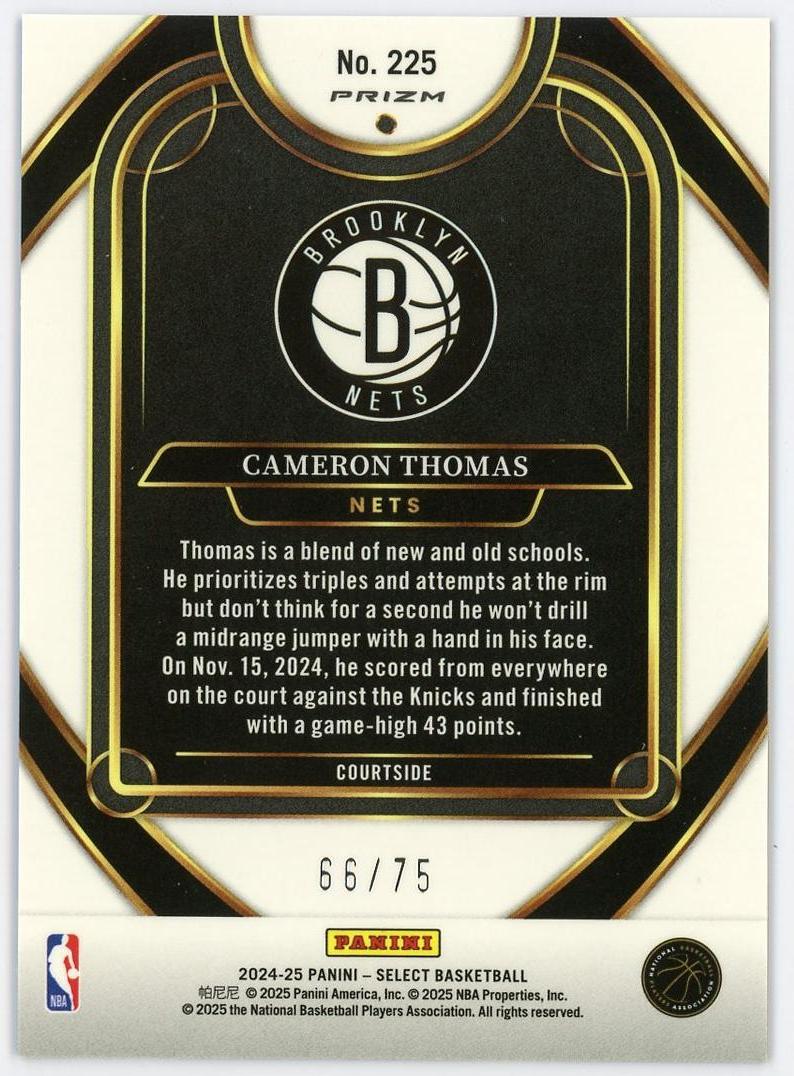 2024-25 Panini Select Cameron Thomas RC 卡梅伦托马斯 三级 75编 蓝波纹折 折射 篮网 小火车 卡品如图 0YQ3/11.16