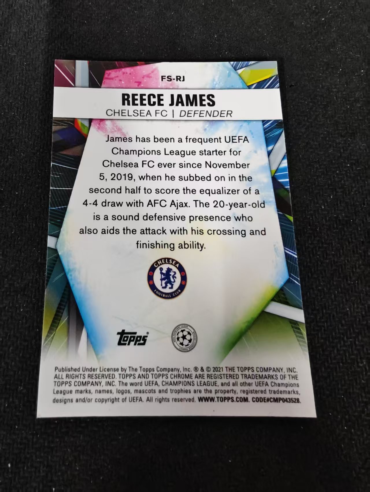 【可合并,不累计】2021 Topps Chrome Reece James 欧冠 英格兰 切尔西 后卫 里斯 詹姆斯 未来之星特卡 银折 划痕 边角瑕疵
