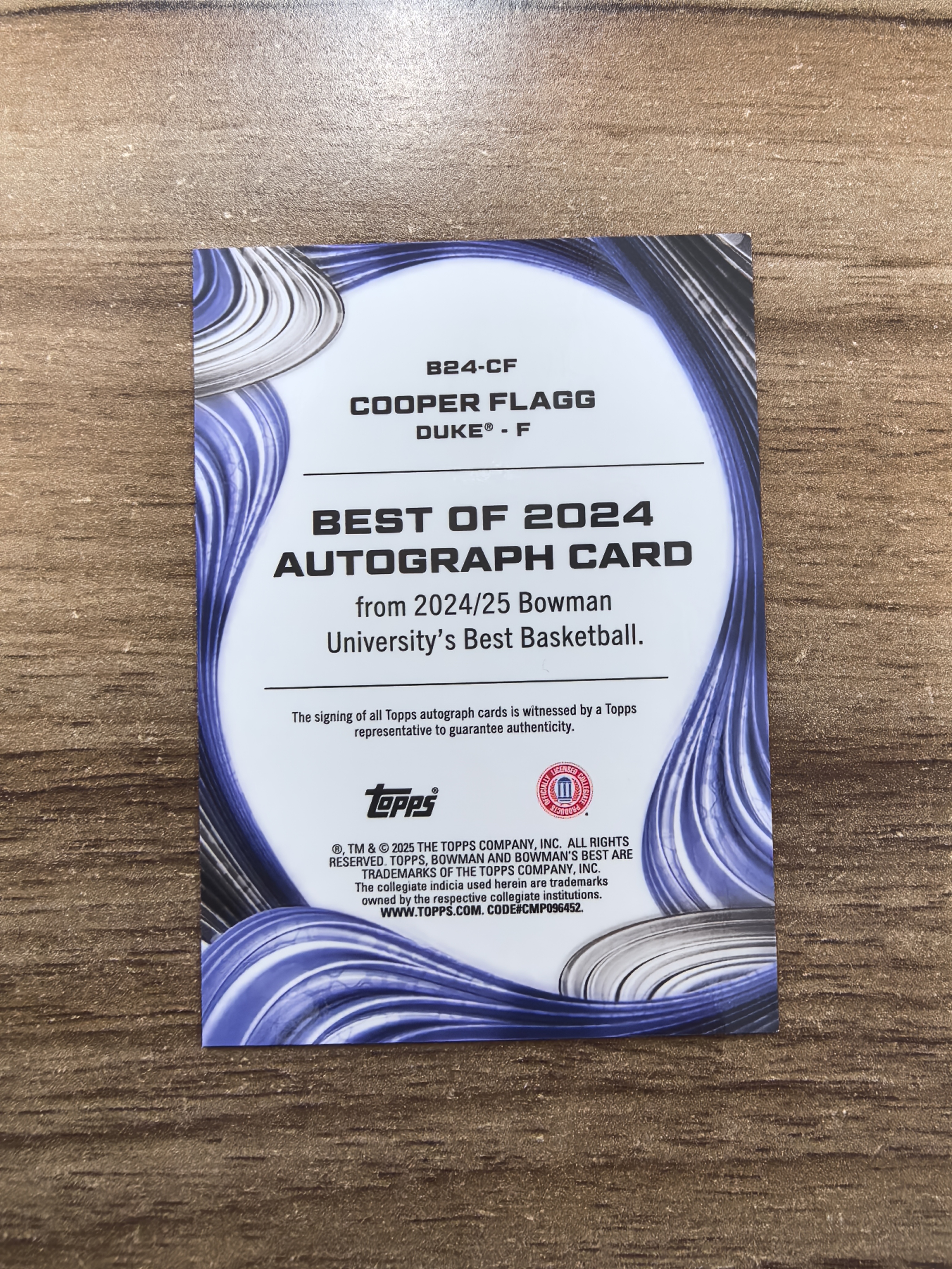 2024-25 Topps Bowman's Best Cooper Flagg 大学篮球 杜克大学 状元 库珀弗拉格 09/25编 签字 贴签 橙马赛克折 折射 微瑕 卡品如图 流浪