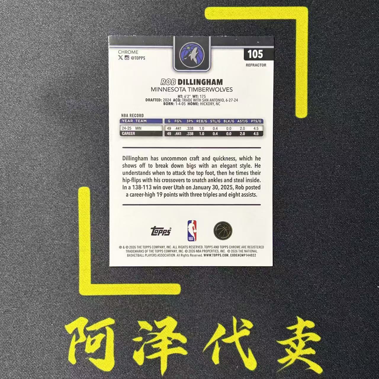 【阿泽代卖】2025-26 Topps Chrome Update Tcu Rob Dillingham 森林狼 迪林厄姆 折射 银折 选图巨帅 细节如图-M哥