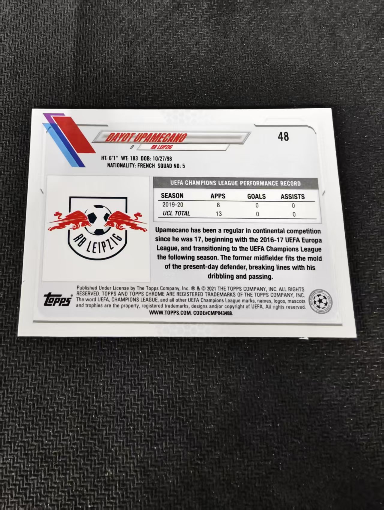 【可合并,不累计】2021 Topps Chrome Dayot Upamecano 莱比锡红牛 达约 于帕梅卡诺 欧冠 蓝泡泡折 划痕 边角瑕疵 #48