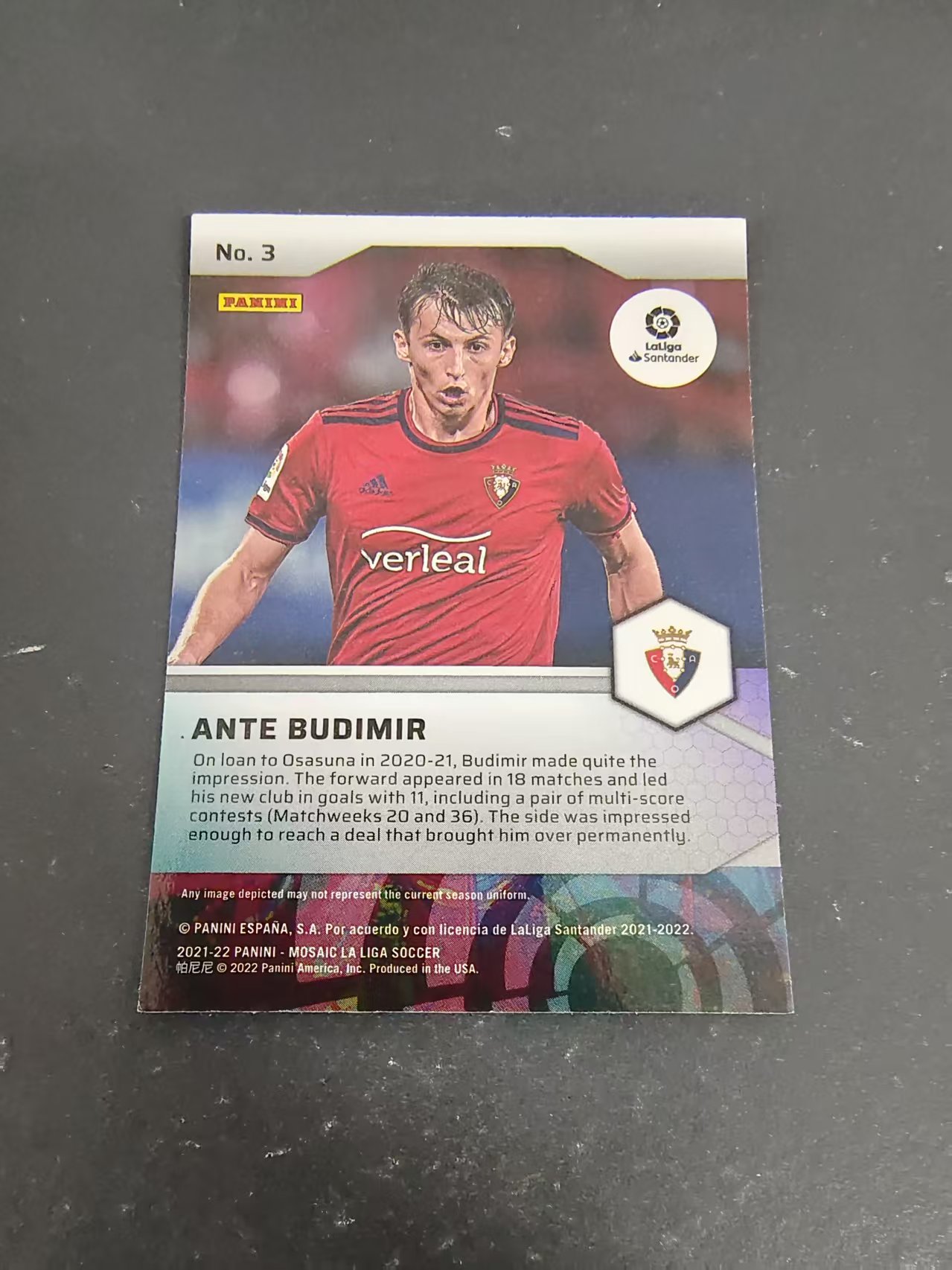 【可合并,不累计】2021-22 Panini Mosaic Ante Budimir 西甲 奥萨苏纳 布迪米尔 马赛克 特卡 划痕 边角瑕疵 #3
