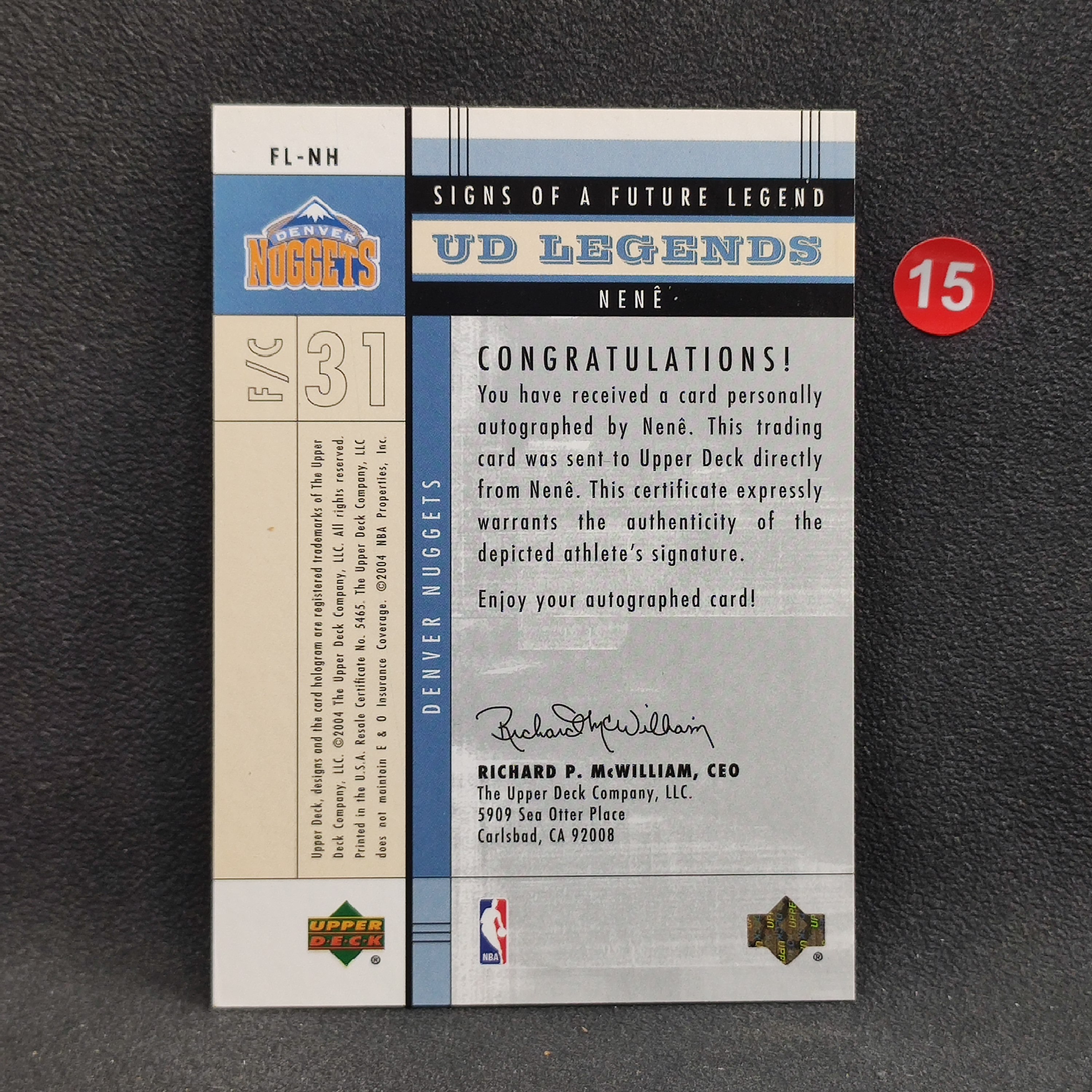 【大腿代卖提前预付80%】Nene 内内 2004 Upper Deck Legends 签字 签名 卡签 掘金队/瑕疵见详图/9580aux/d15