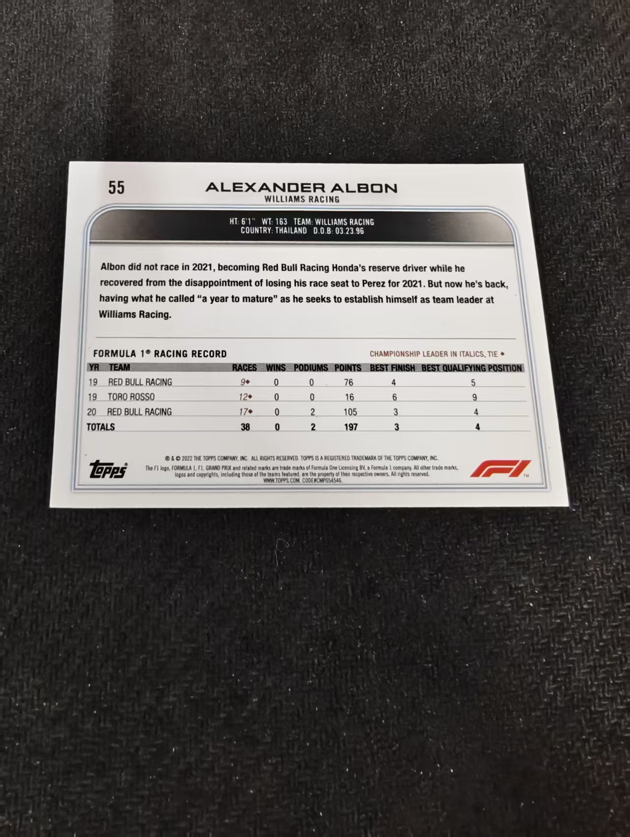 2022 Topps Chrome F1 Alexander Albon F1 威廉姆斯 亚历山大 阿尔本 划痕 边角瑕疵@55