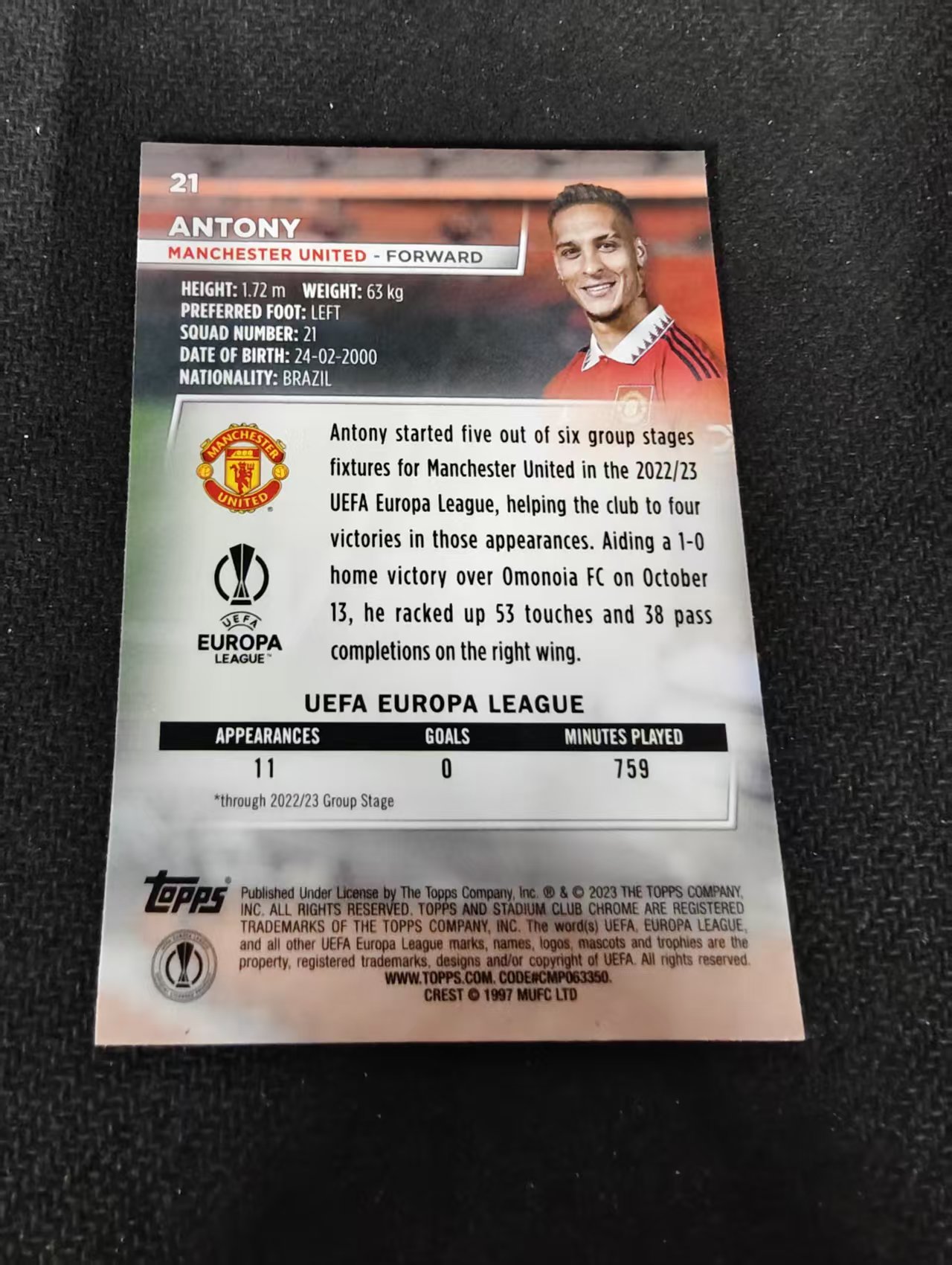 【可合并,不累计】2023 Topps Stadium Club Chrome Antony 曼联 安东尼 欧冠 竞技场 不保卡品 介意勿拍 #21
