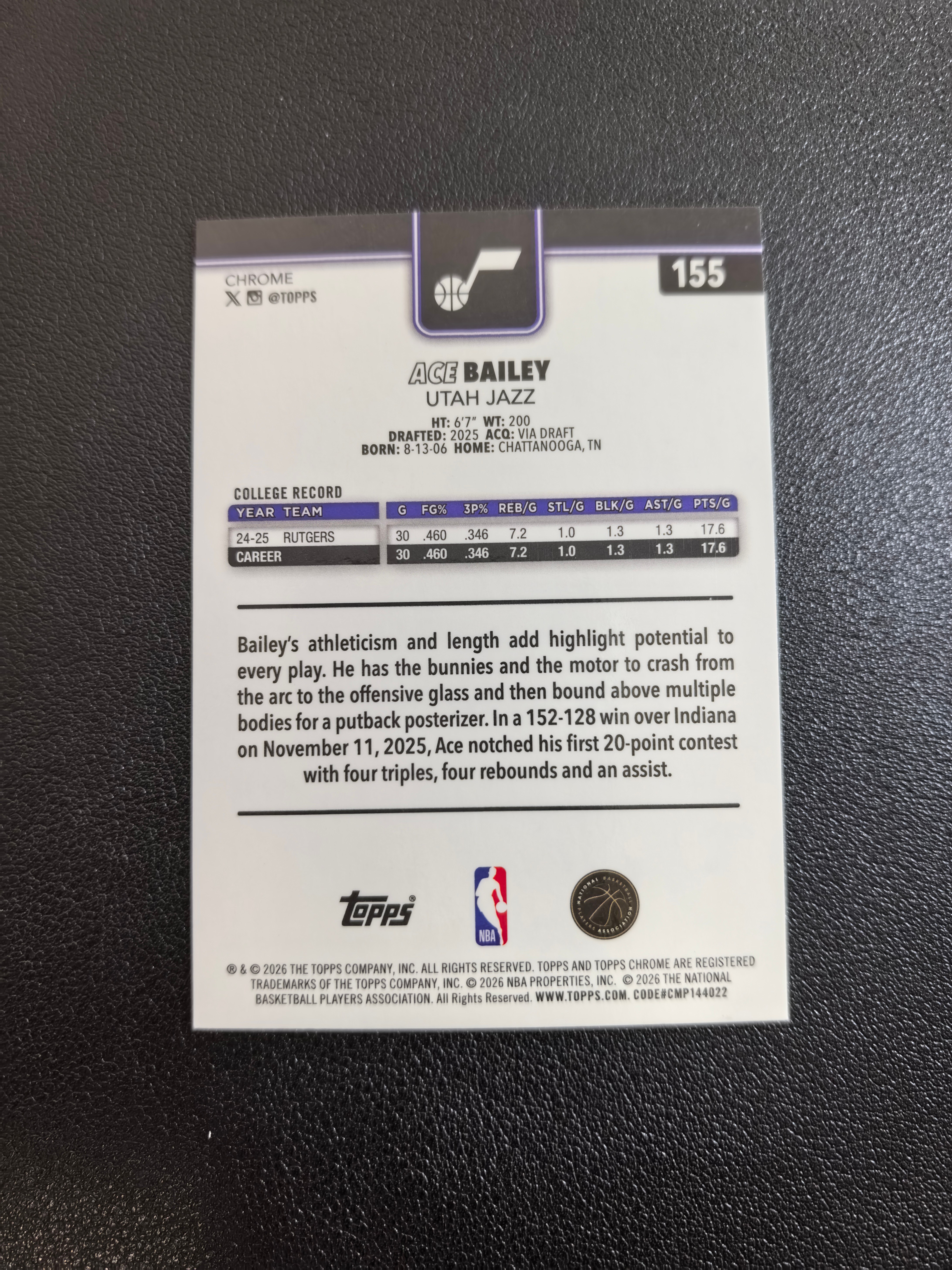 2025-26 Topps Chrome Update ACE BAILEY RC 爵士 埃斯贝利 新秀 323/399编 粉折 折射 实卡精美 卡品如图 七哥