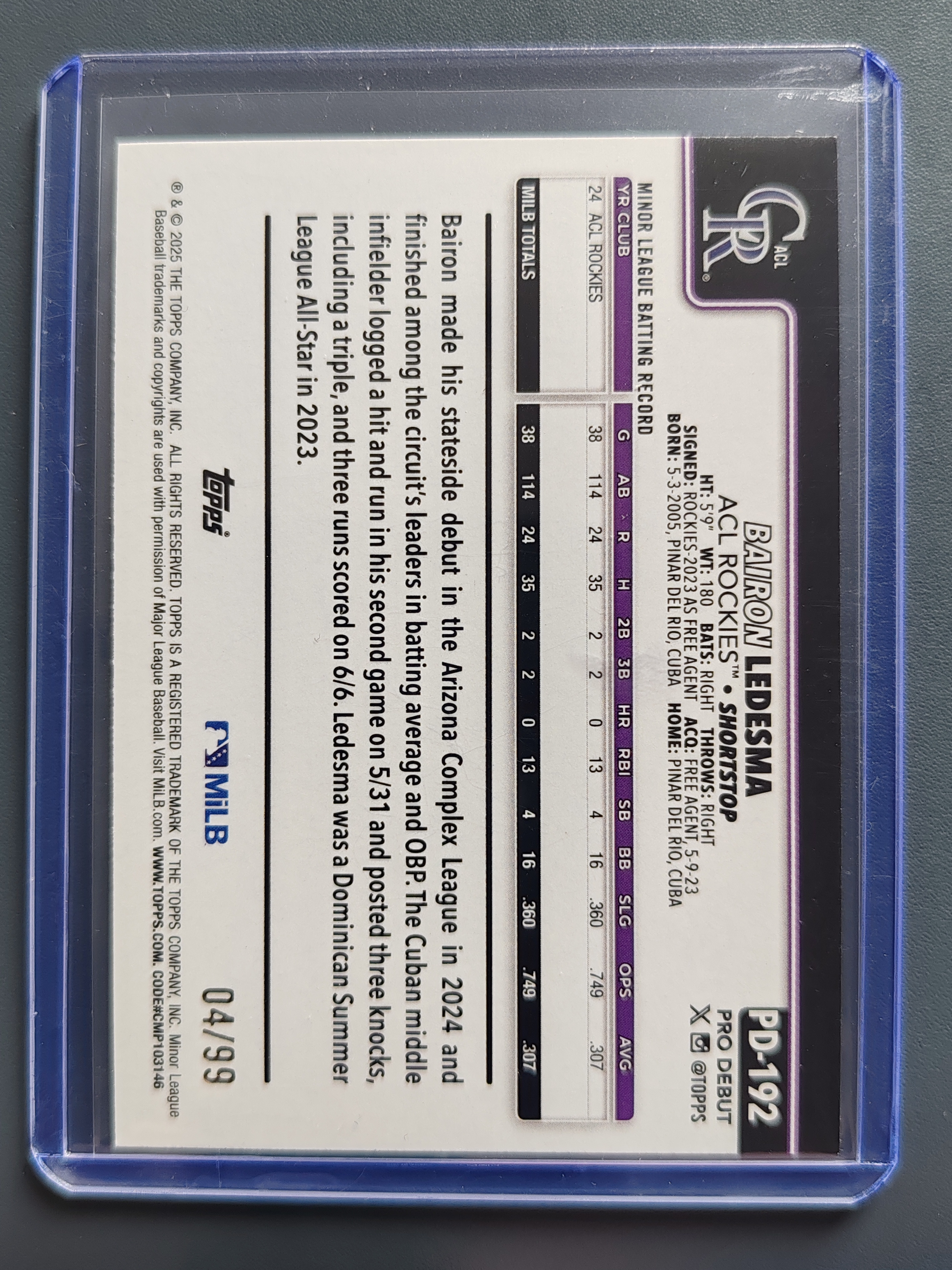 2025 Topps Pro Debut Bairon Ledesma 99编!绿折!【9527】