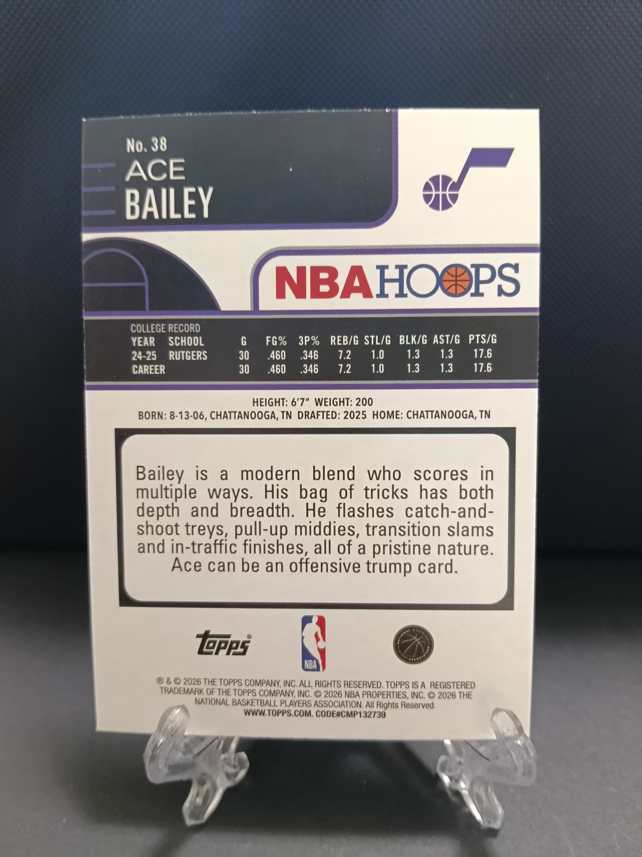 2026 Topps Hoops Ace Bailey RC 新秀年 选秀年 爵士 RC 埃斯 贝利 base 银折 卡品如图