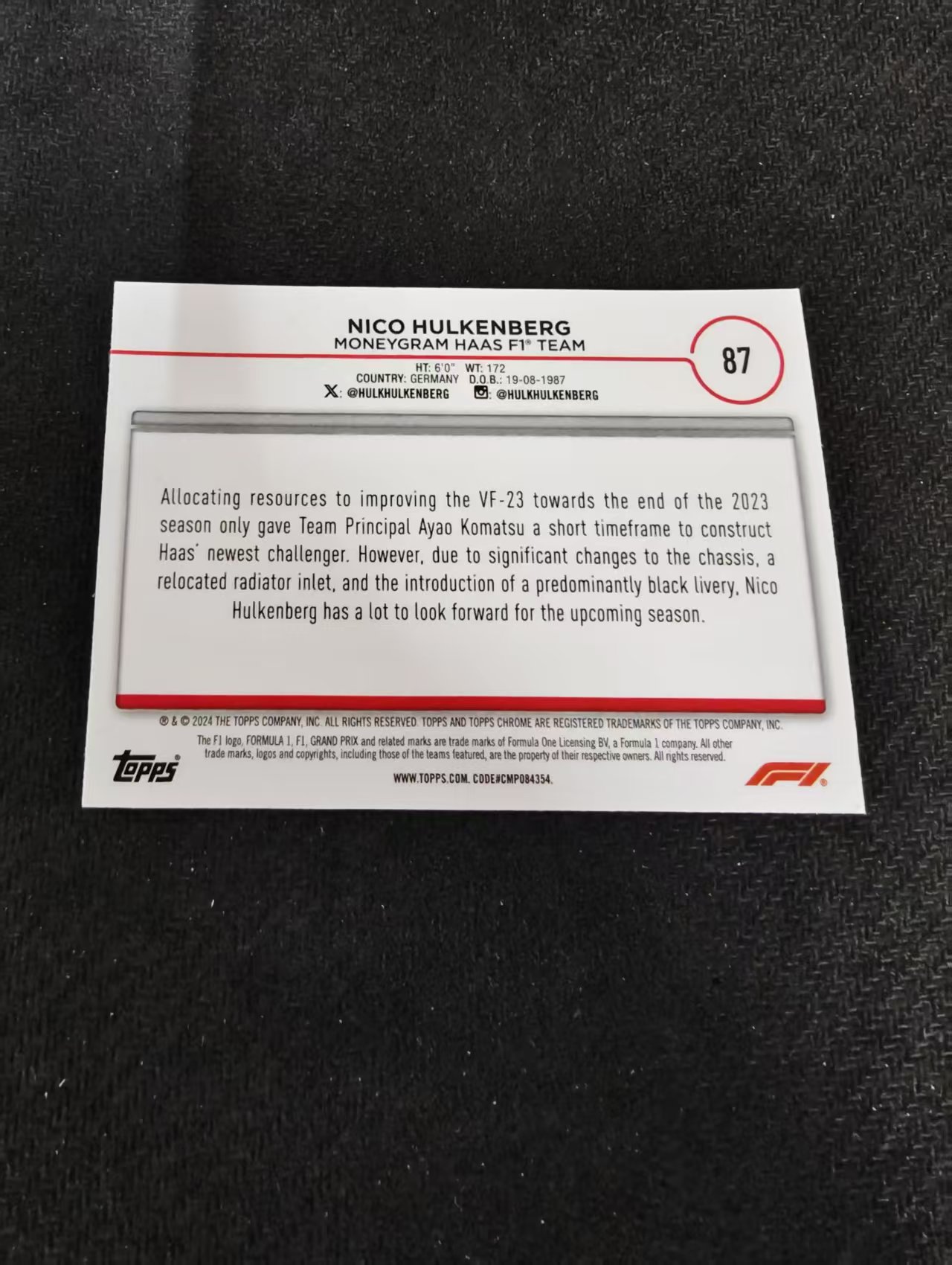 2024 Topps Chrome F1 Nico Hulkenberg 霍肯伯格 哈斯 划痕 边角瑕疵 #87