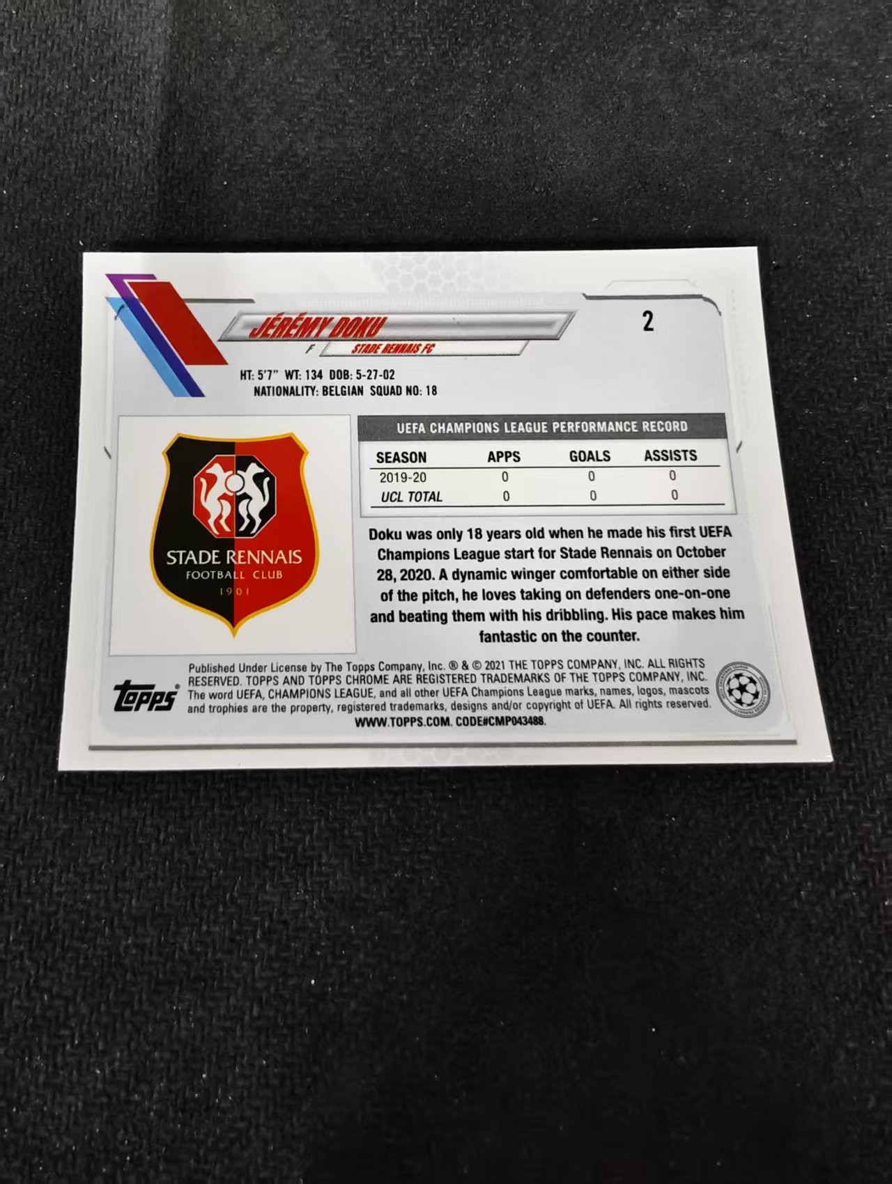 【可合并,不累计】2021 Topps Chrome Jeremy dokuif RC 欧冠 比利时 雷恩 热雷米 多库 左边锋 RC新秀 划痕 边角瑕疵 #2