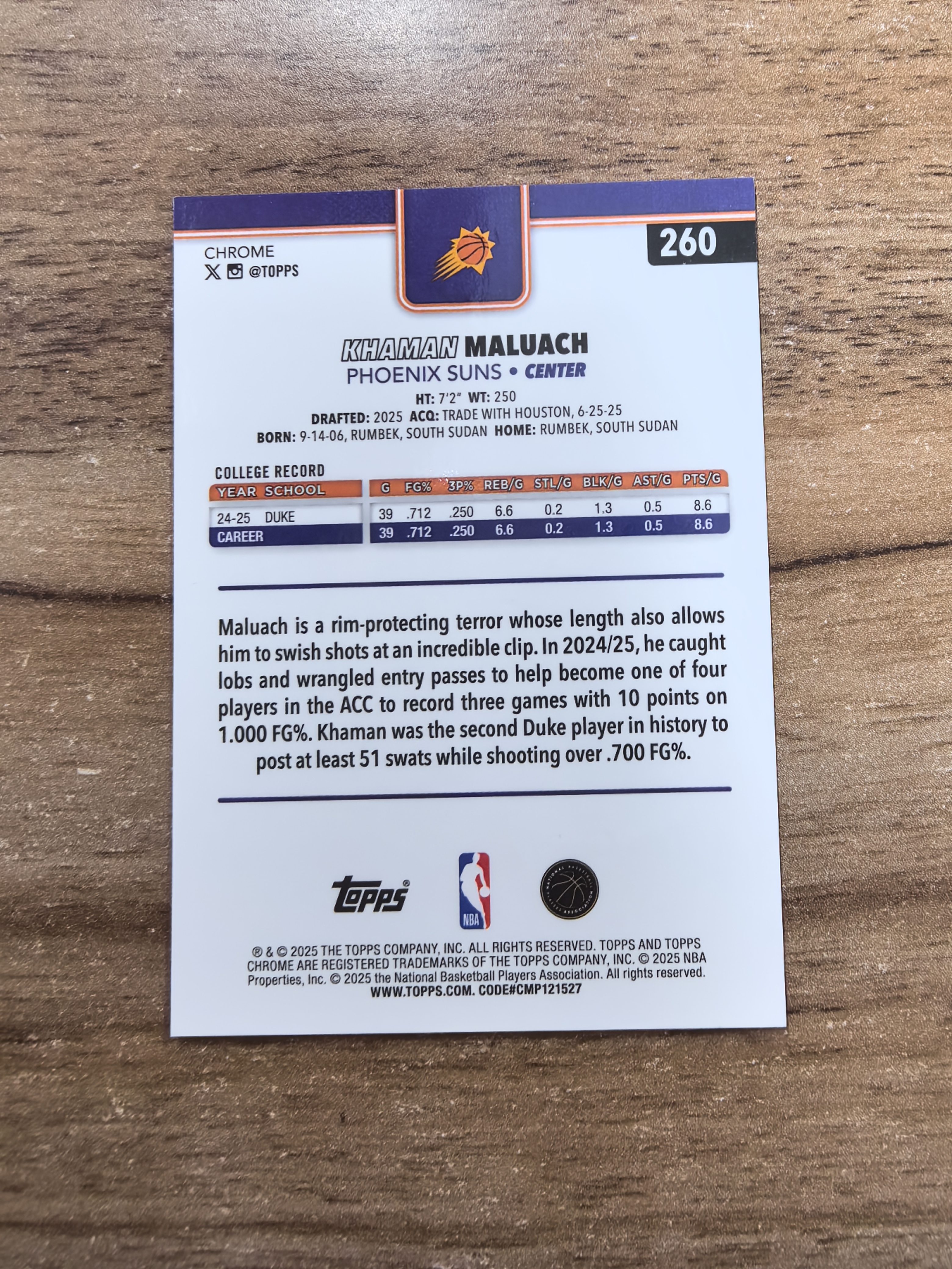 2025 Topps Chrome Khaman Maluach RC 太阳 卡曼马卢阿奇 新秀 20/25编 橙折 折射 微瑕 实卡精美 卡品如图 收藏必入 七哥
