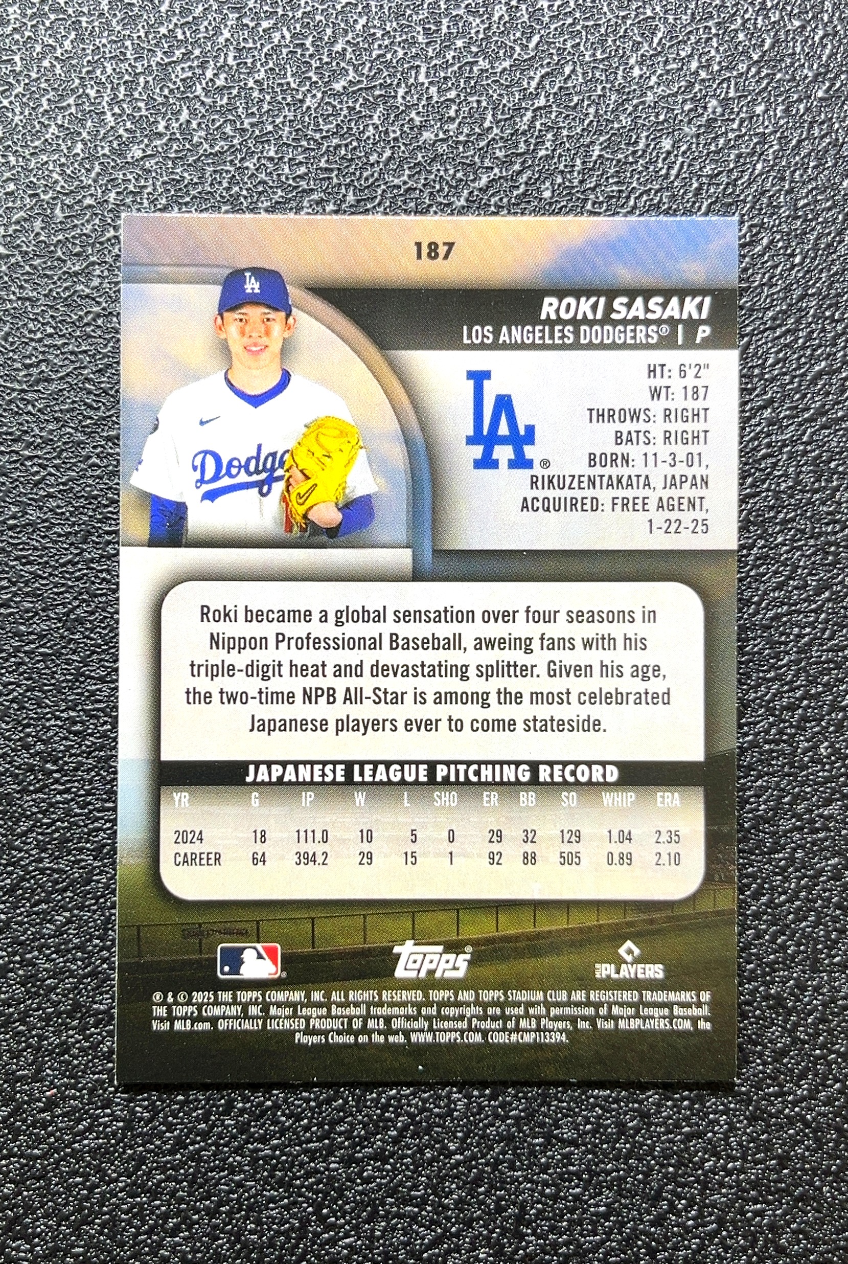 【小白1%代卖】2025 Topps Stadium Club RC 新秀 Roki Sasaki 佐佐木朗希 新秀 RC 卡品如图 高价值 #187 Los Angeles 0035#328