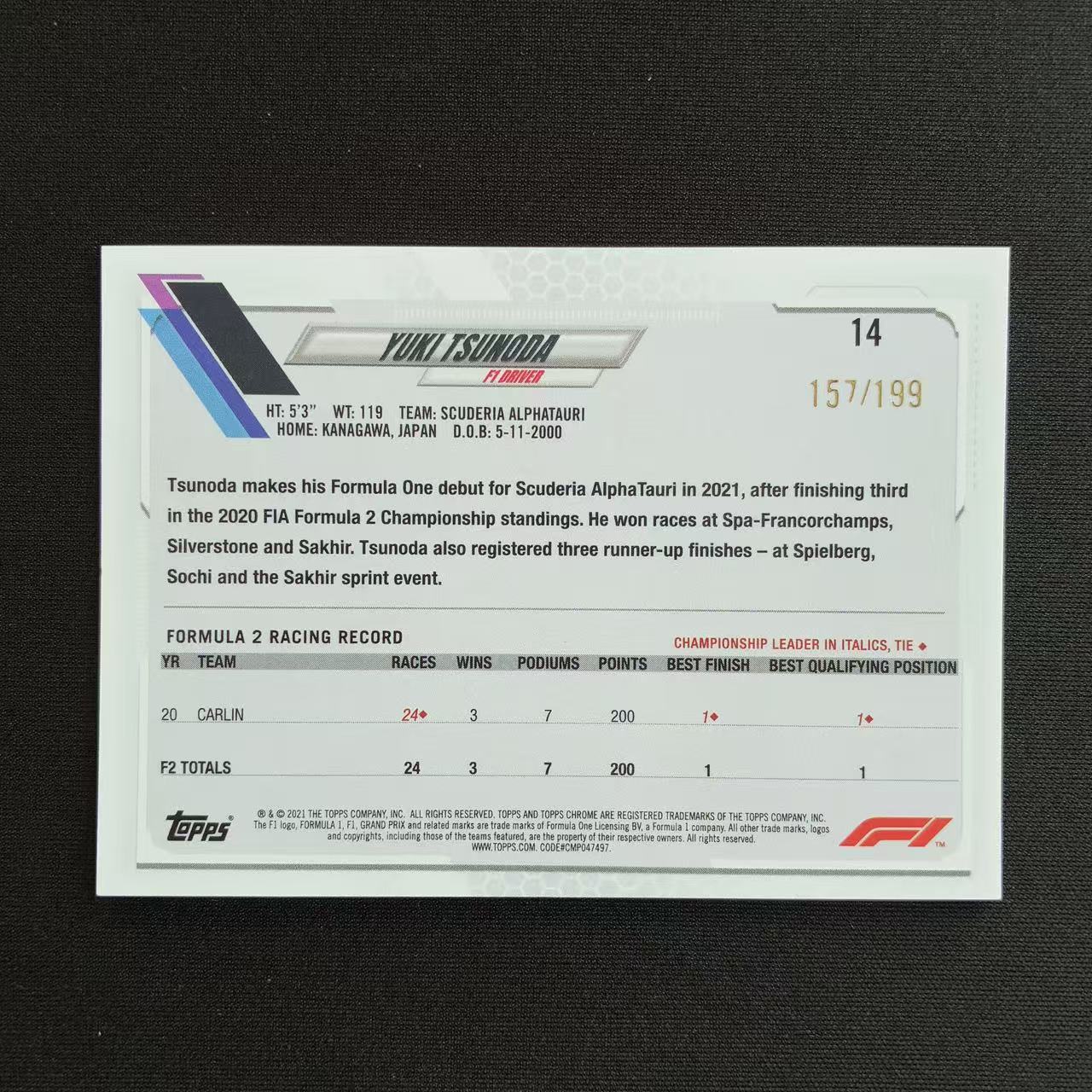 【杰基拍卖】2021 Topps Chrome Yuki Tsunoda F1 角田裕毅 新秀 定妆照 紫棋盘折 199编 卡品如图(cris)