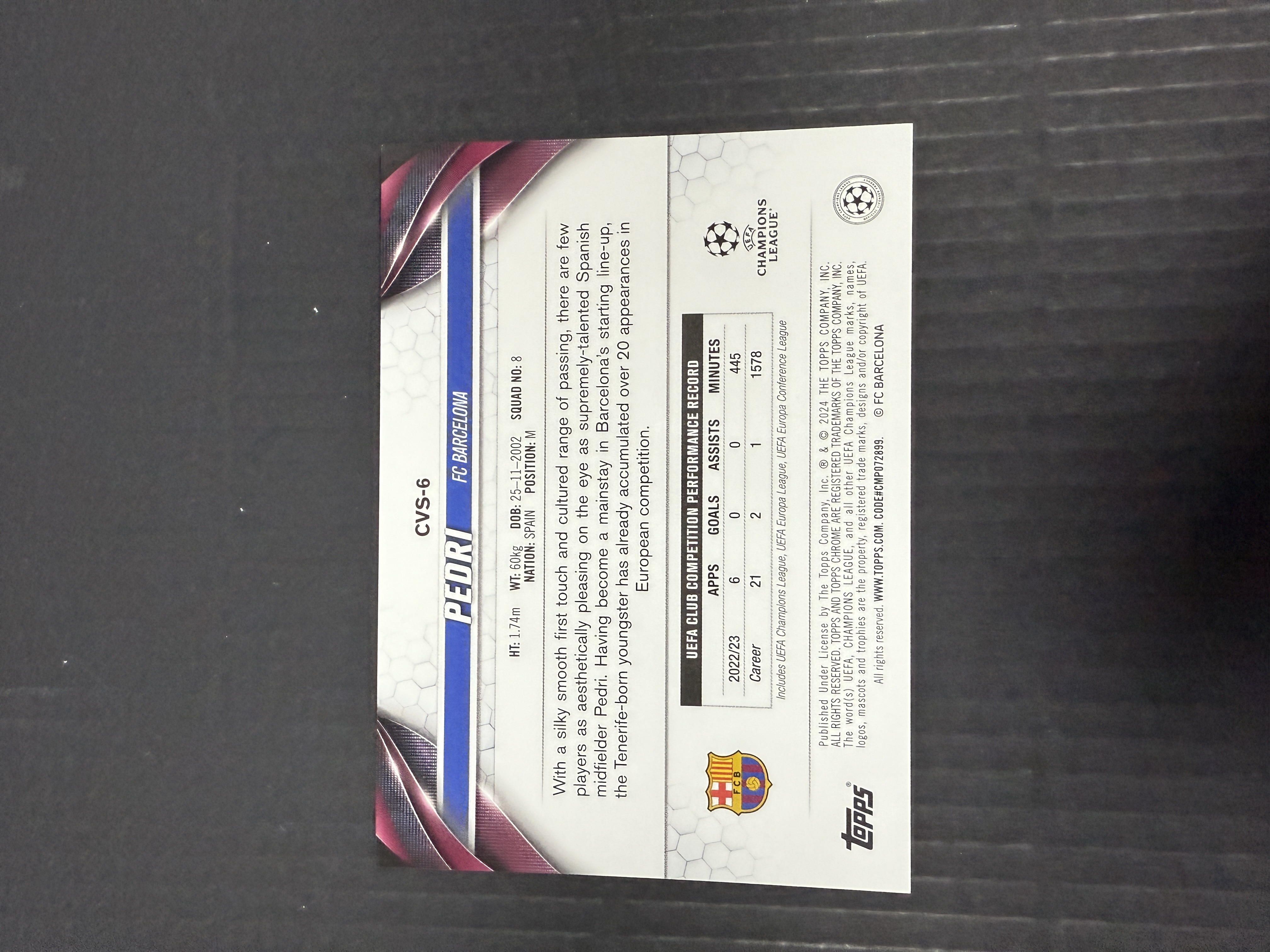 【GOAT山羊拍卖】D哥 2023-24赛季 topps chrome ucc欧战系列 佩德里 蓝碎冰折庆祝捧杯特卡 变化版 sp 大比例 少见 巴萨 第二张 品相如图