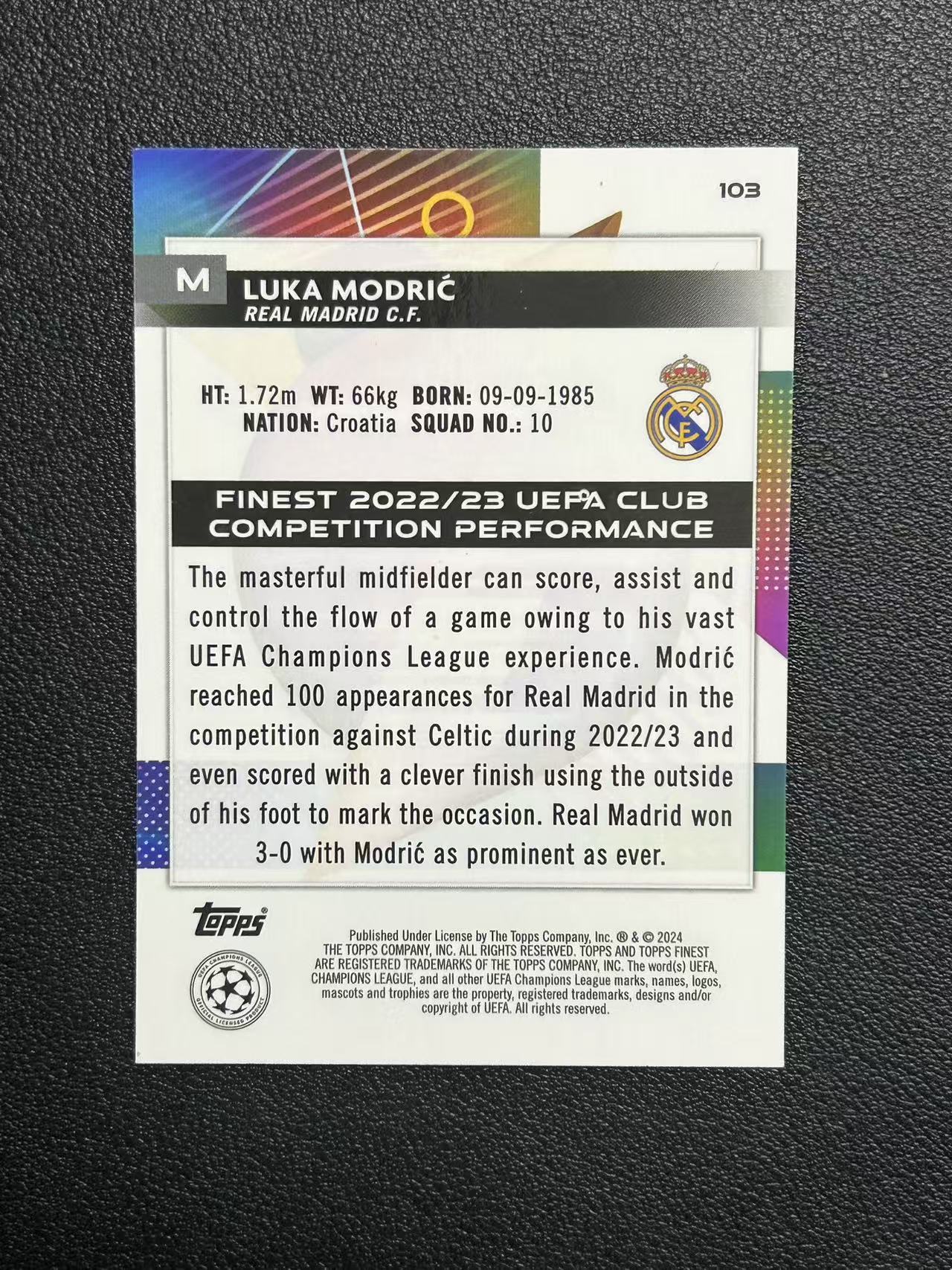 2024 Topps finest Luka Modric 卢卡 莫德里奇 欧冠 皇家马德里 皇马 250编 卡品如图 【隆冬强】