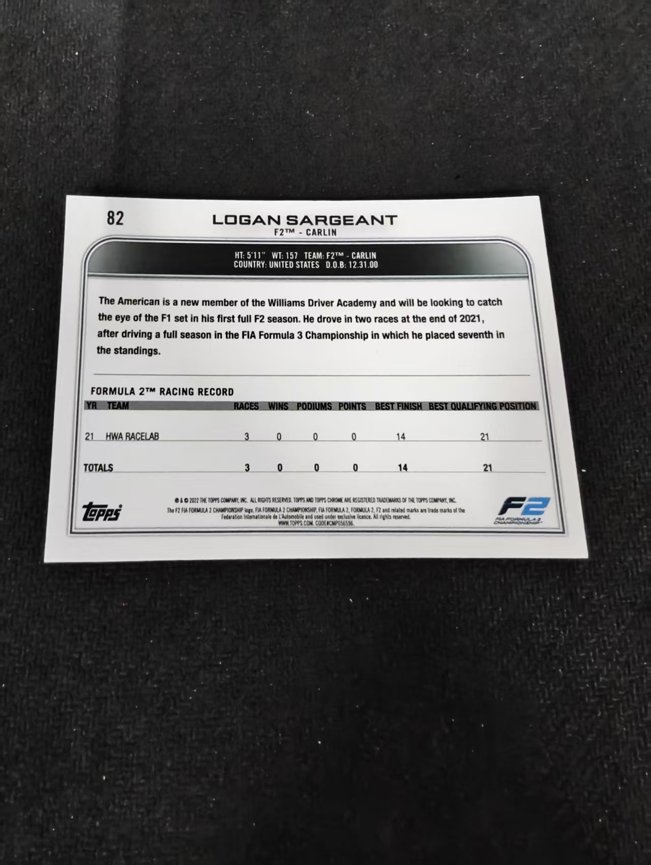 2022 Topps Chrome F1 logan sargeant 罗根 萨金特 F2 划痕 边角瑕疵#82
