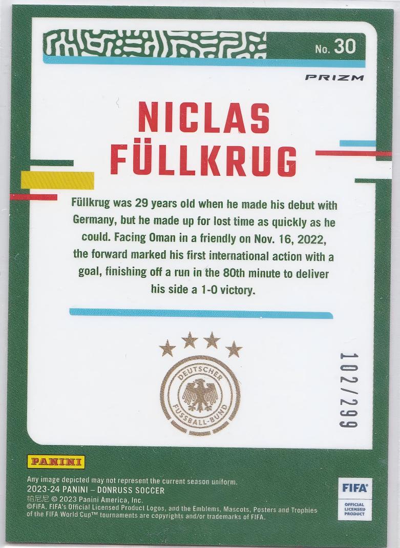 2023-24 Panini Donruss Niclas Fullkrug #30 杜蕾斯 德国 红折 菲尔克鲁格 带编299/102