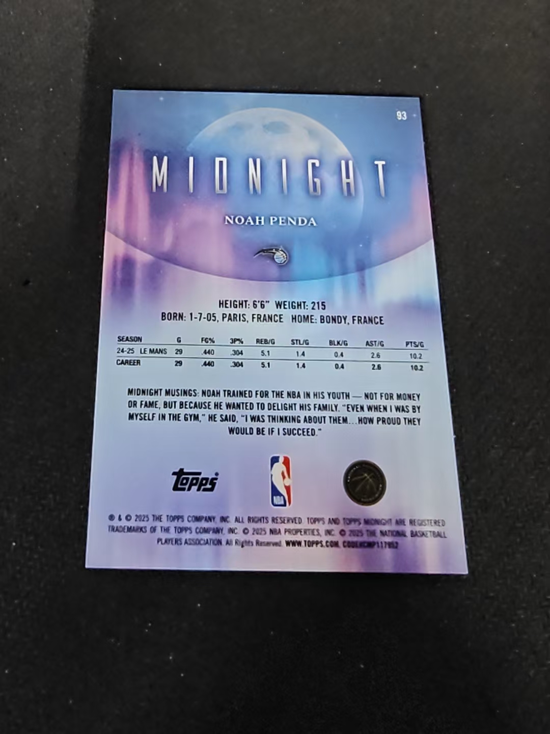 2025-26 Topps Mionight Noah Penda 魔术 新秀 诺阿 彭达 折射 瑕疵如图