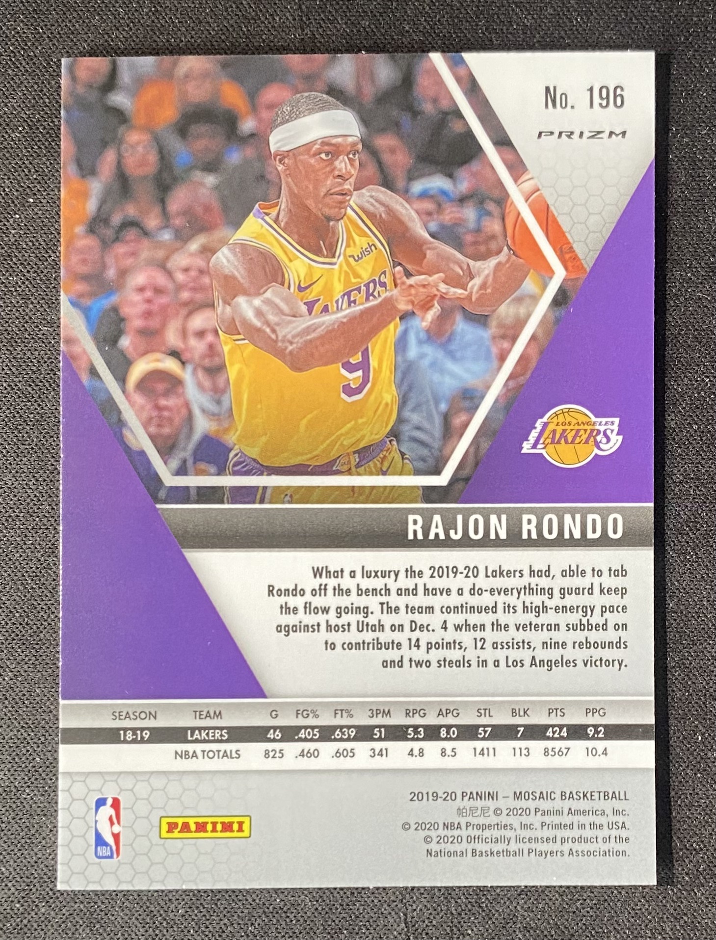 2019-20 Panini Mosaic Rajon Rondo 【来拆波卡】湖人 拉简 隆多 马赛克 大比例 起源折 bo
