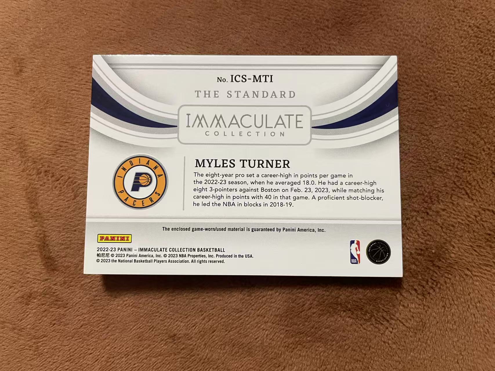 2022-23 Panini Immaculate Myles Turner 爱咪咪imm 步行者 迈尔斯 特纳 减法同背 The Standard 大窗GU球衣 落场切割 patch 99编【z】