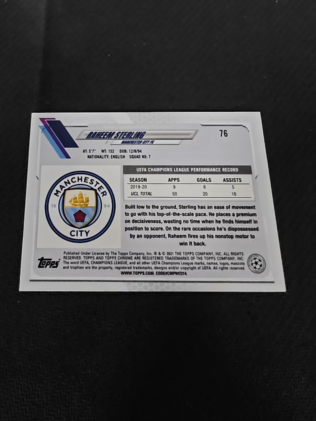【可合并,不累计】2021 Topps Chrome Raheem Sterling 欧冠 蓝宝石 曼城 斯特林 蓝碎冰折 折射 #76 划痕 边角瑕疵