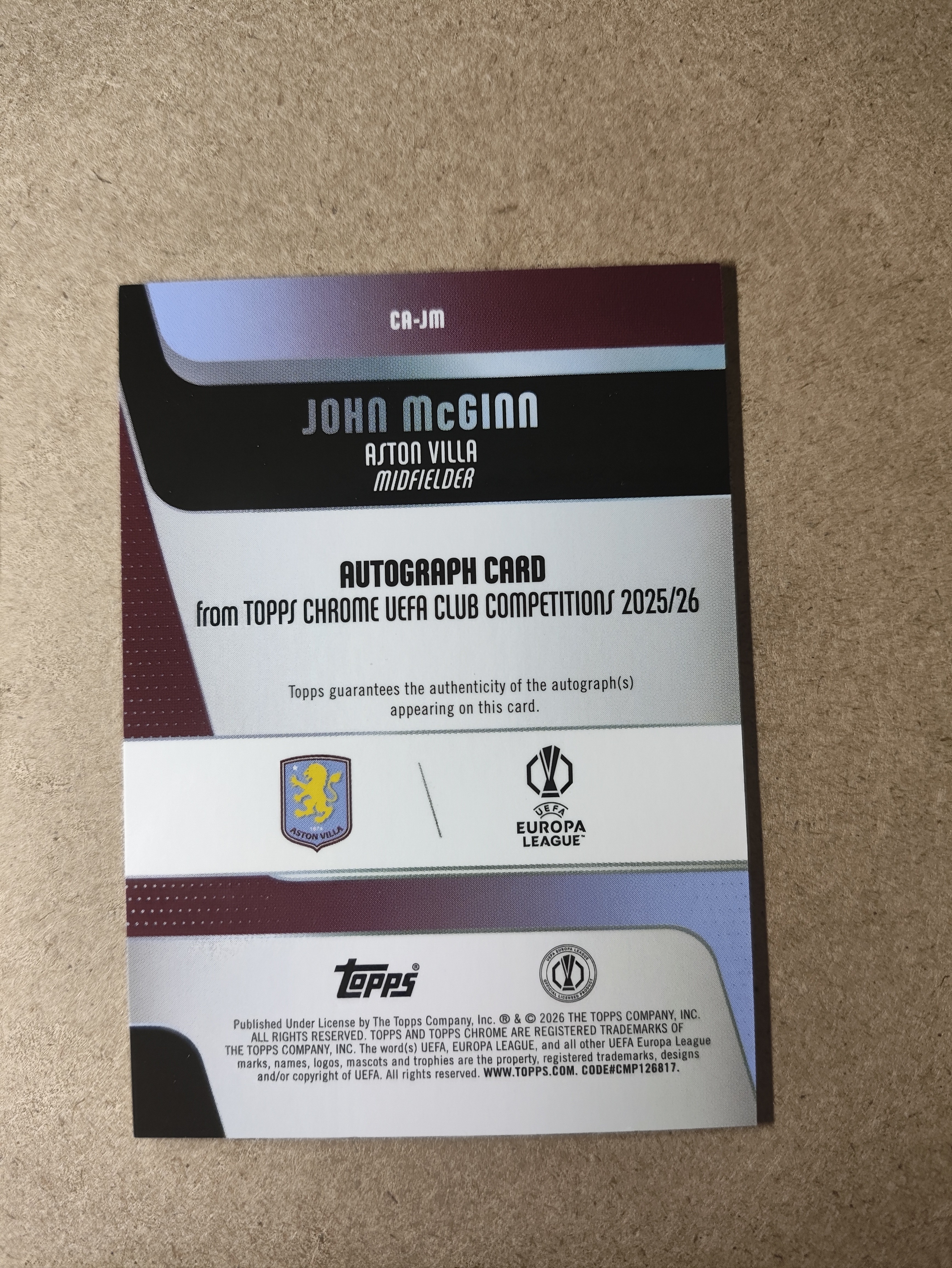 2026 Topps Chrome John McGinn 约翰迈金 阿斯顿维拉 苏格拉 欧冠 TC 折射 银折 签字 签名 卡品如图 收藏必备