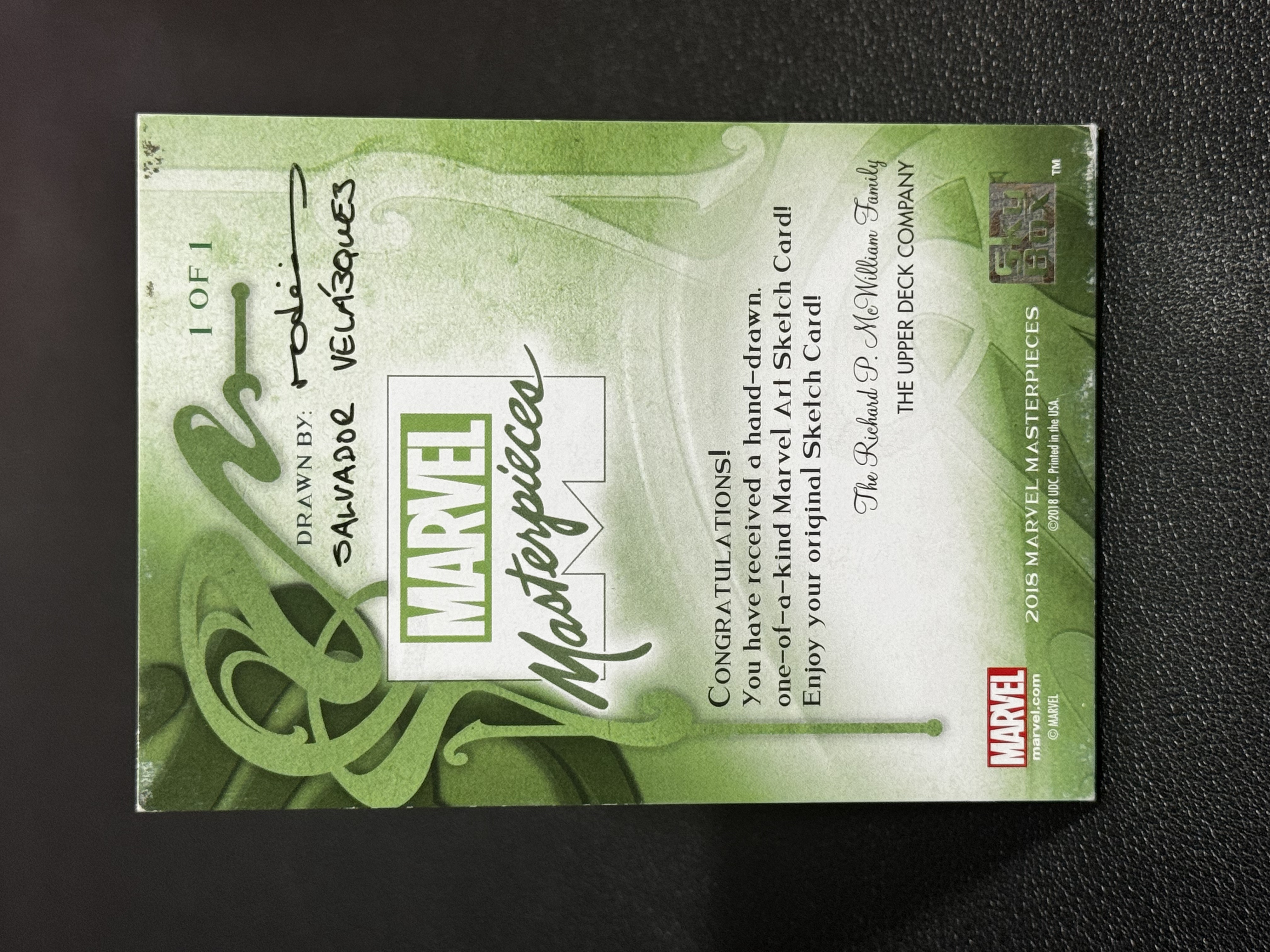 2018 SkyBox Marvel (MCU) Marvel Masterpieces 漫威 大师 杰作 AP 手绘卡 1/1 1of1 黑寡妇 画师 Salvador Velazquez LWSS