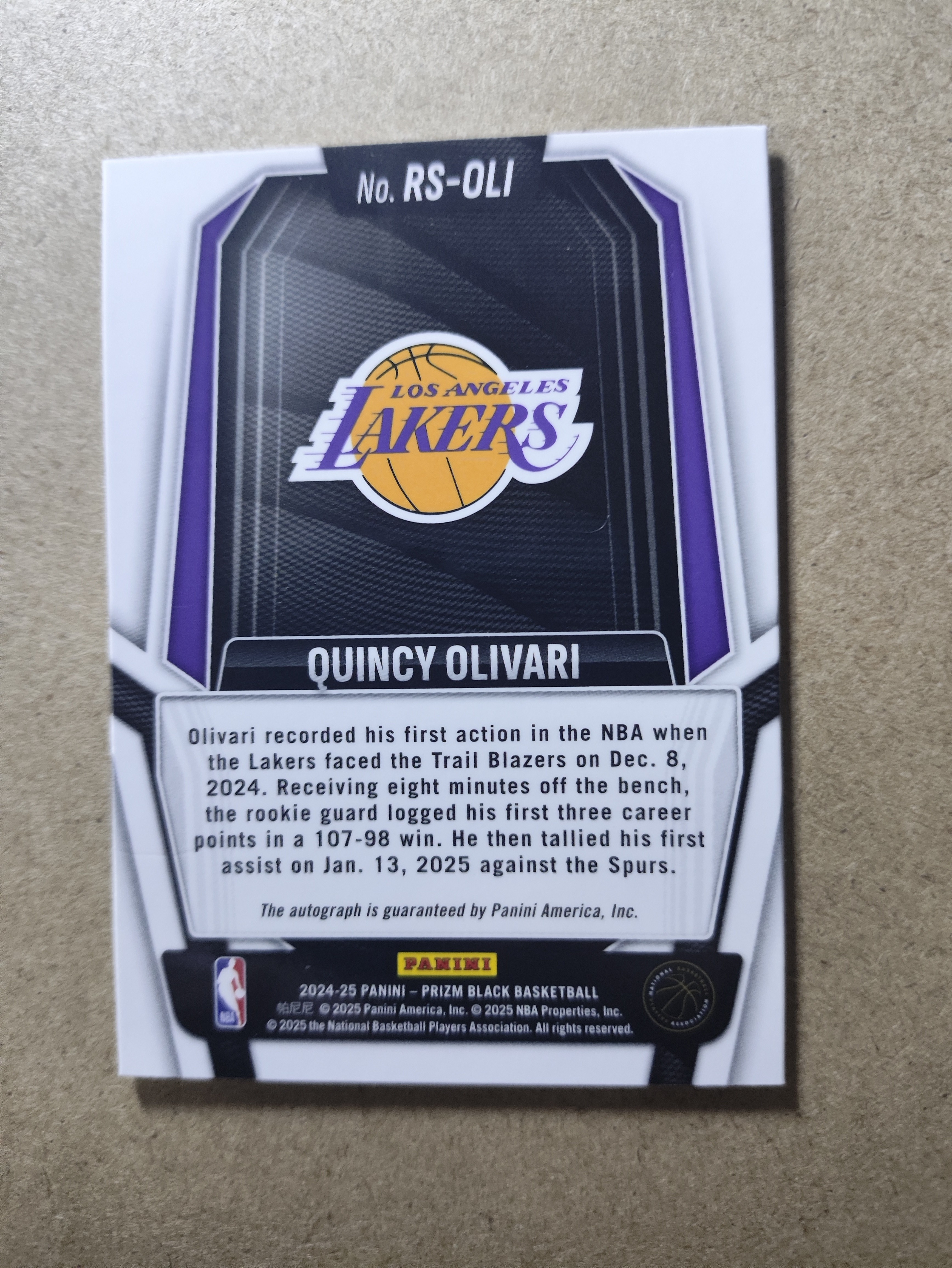 2024-25 Panini Prizm Black Quincy Olivari 洛杉矶湖人 昆西 奥利瓦里 rc新秀 签字 卡品瑕疵如图 收藏必备 未来可期 东契奇詹姆斯队友