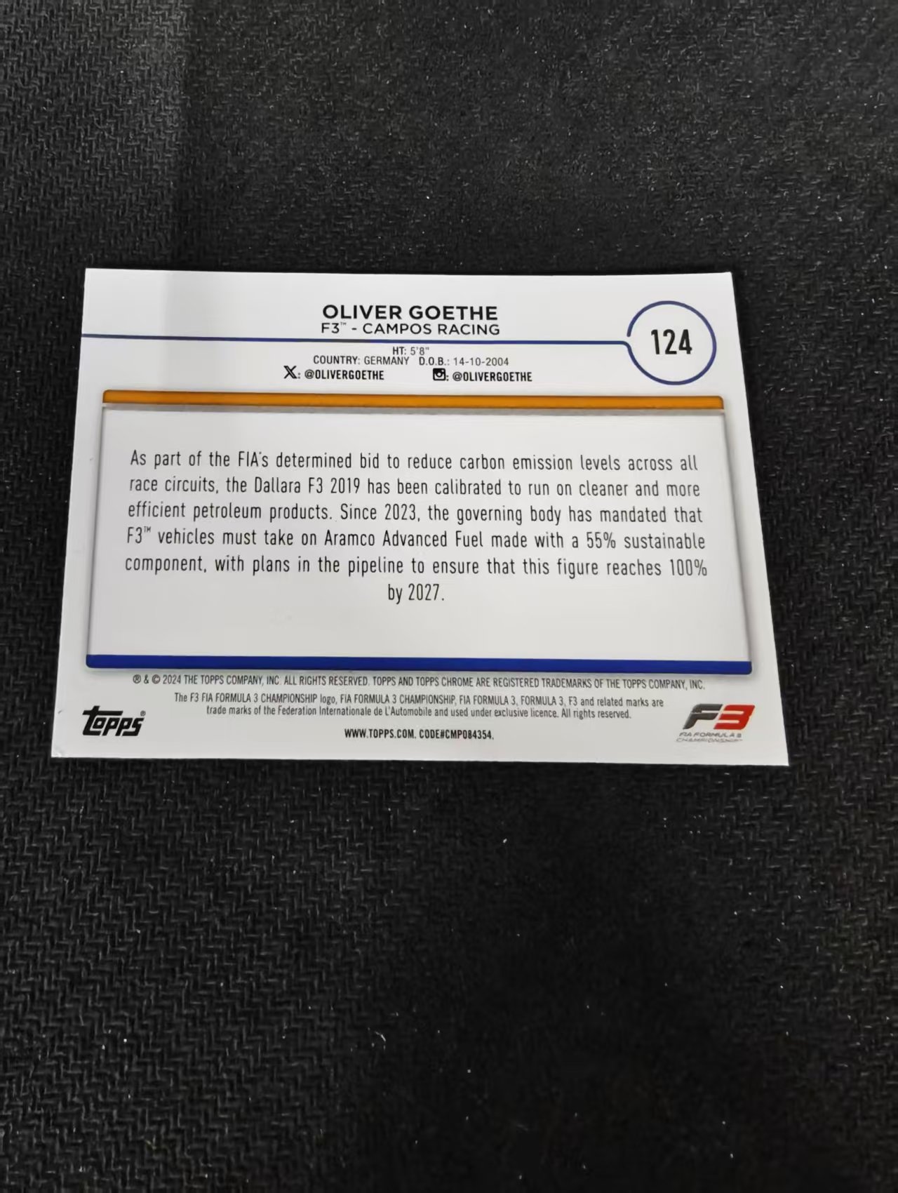 2024 Topps Chrome F1 Oliver Goethe 奥利弗 歌德 红牛 F3 划痕 边角瑕疵 #124